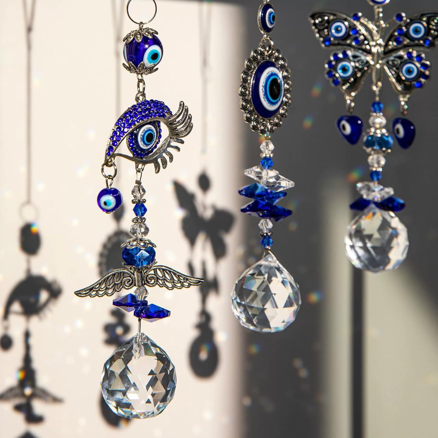 Turkish Evil Eye Crystal Sun Catcher Pendant with Wind Chime Blue