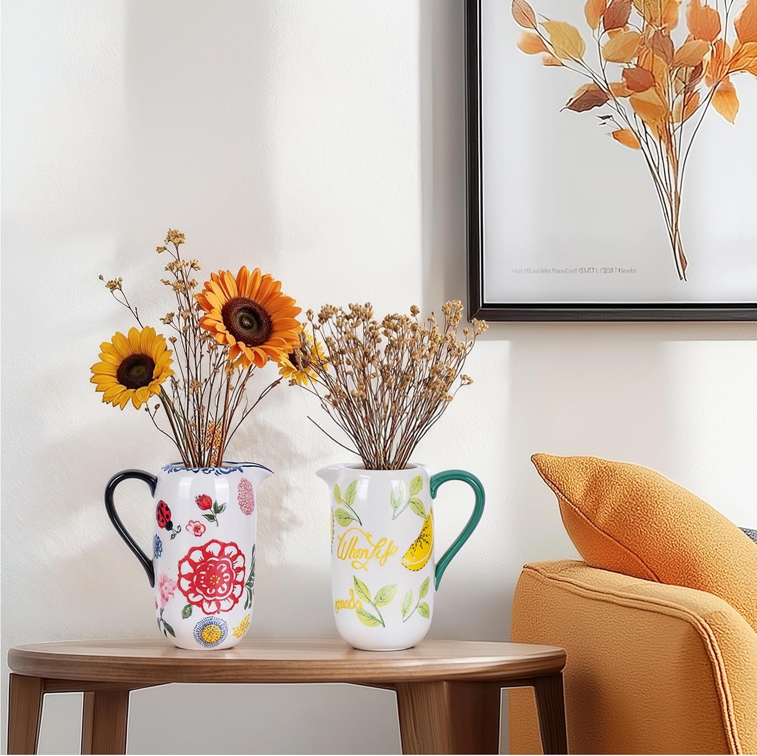 Floral Ceramic Pitcher Vase with Handle