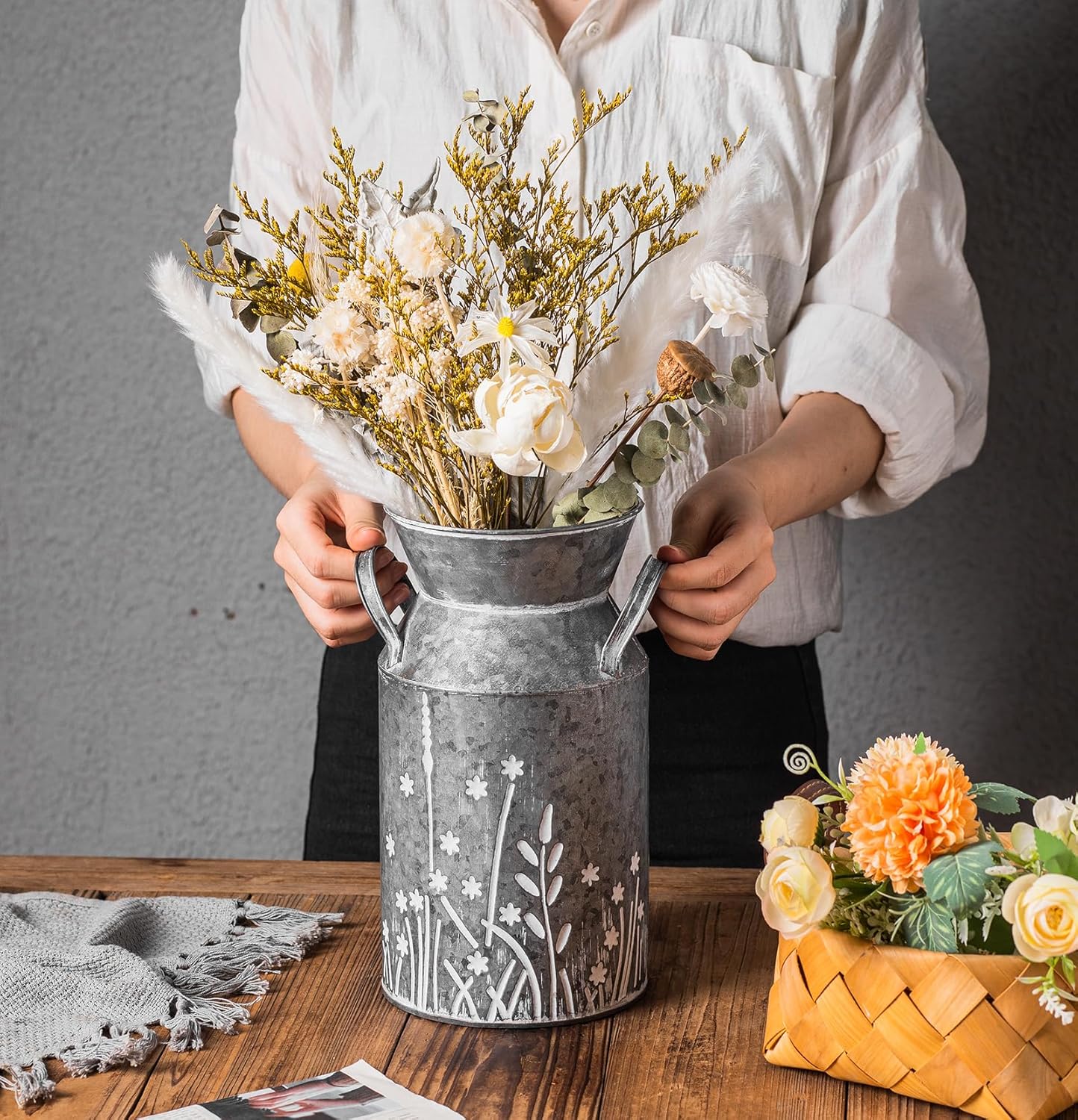 Vintage Galvanized Metal Milk Can Flower Vase