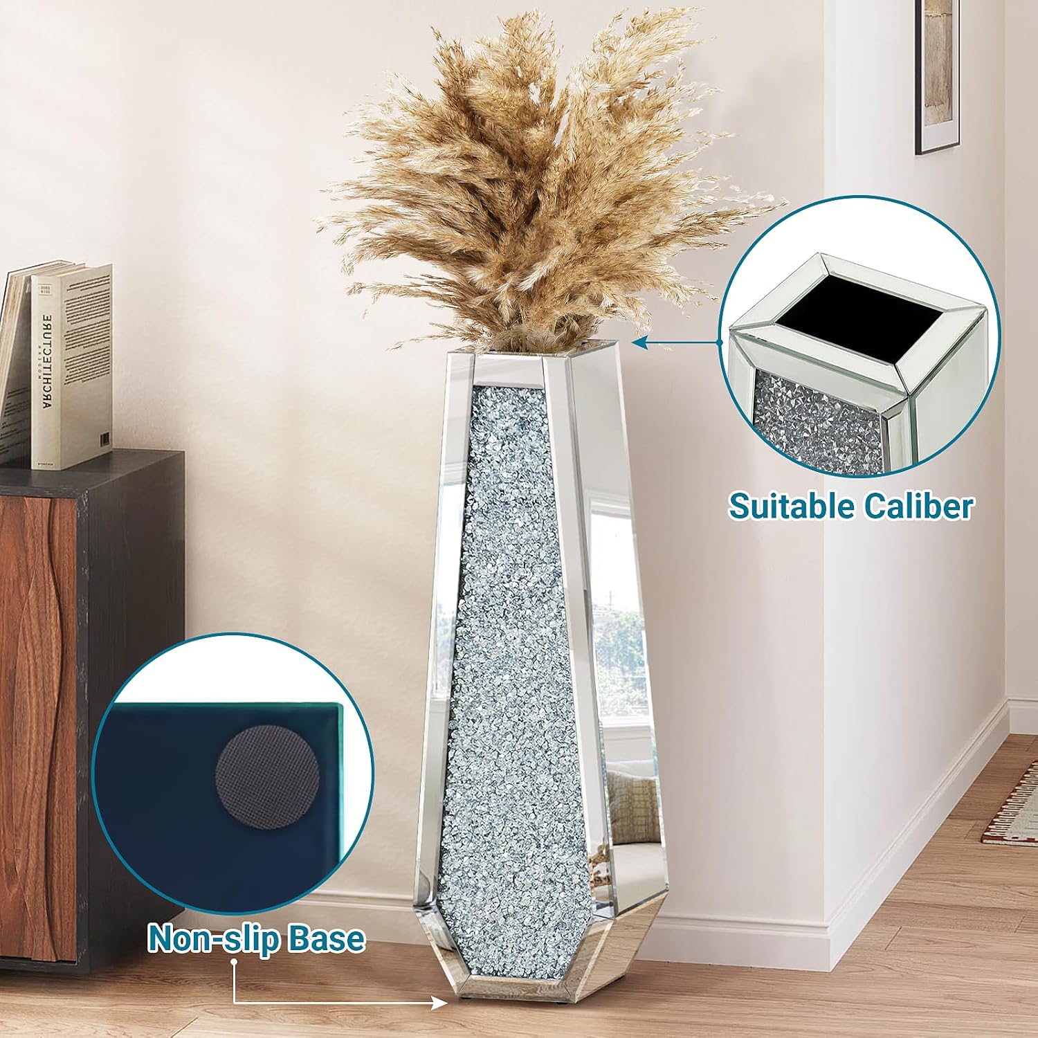 30 Inch Tall Crushed Diamond Floor Vase in Silver