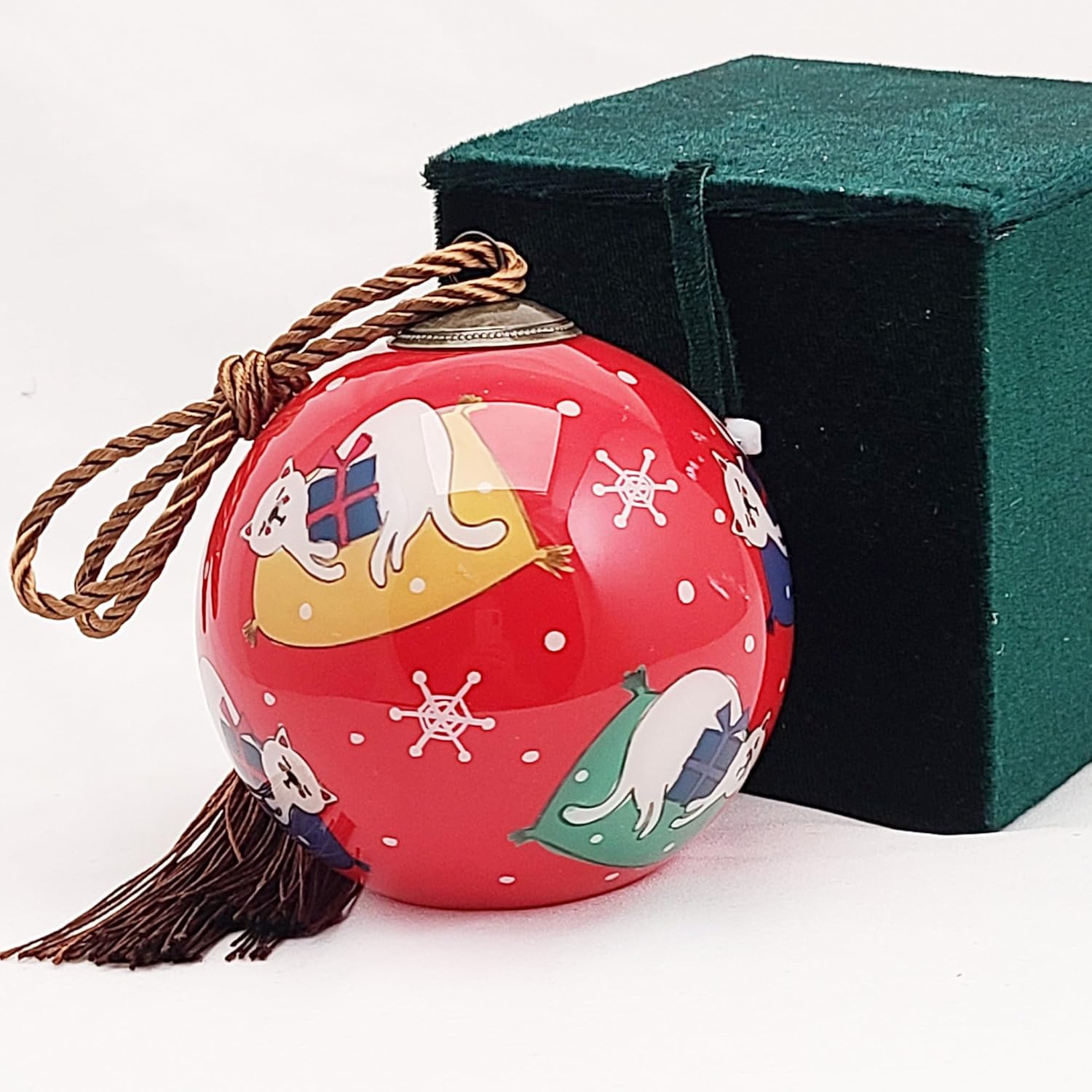 Handcrafted Painted Glass Ornament with Gift Box Sleepy Kitten Decor