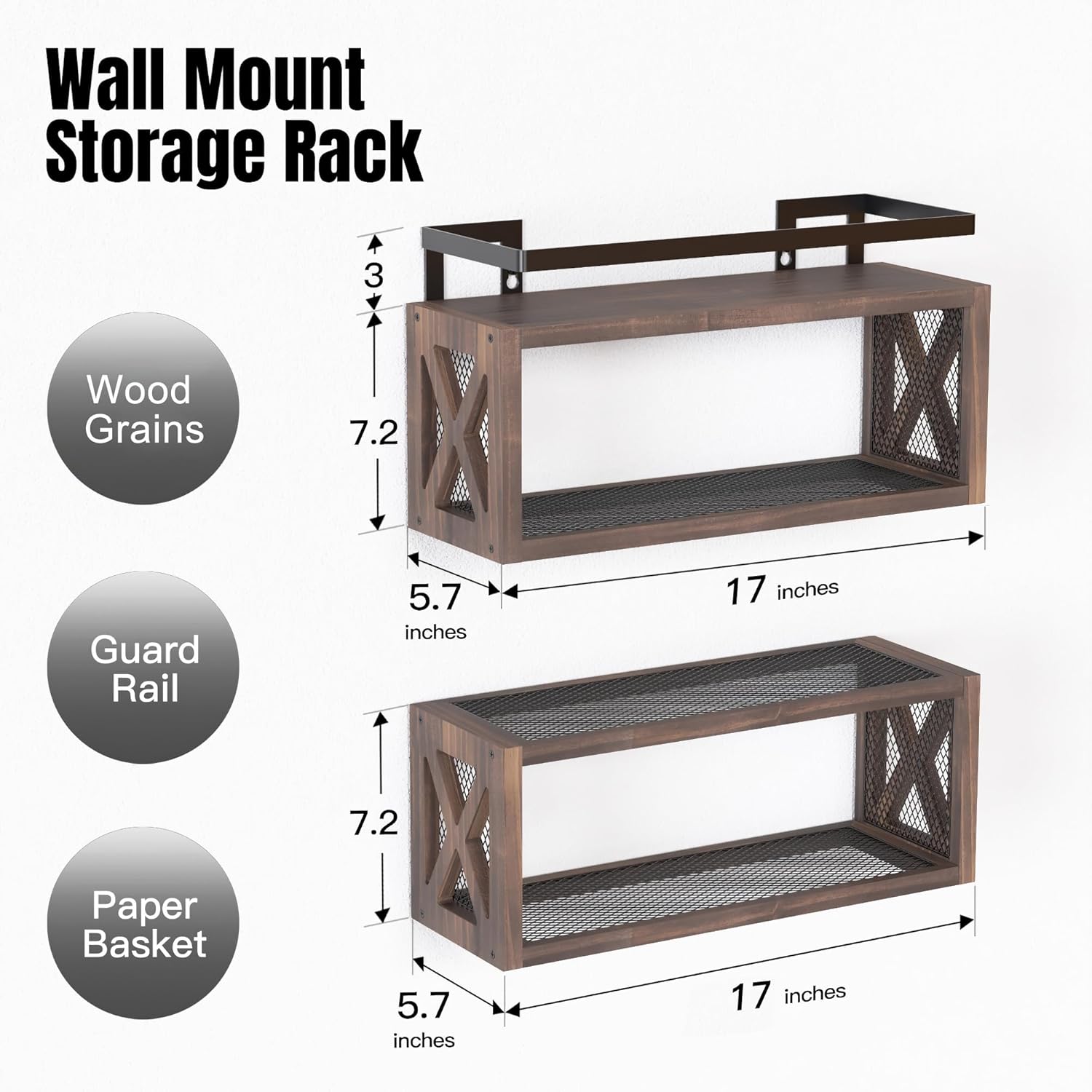 RICHER HOUSE Floating Wood Shelves with Guardrail Rustic Brown 2 Shelves