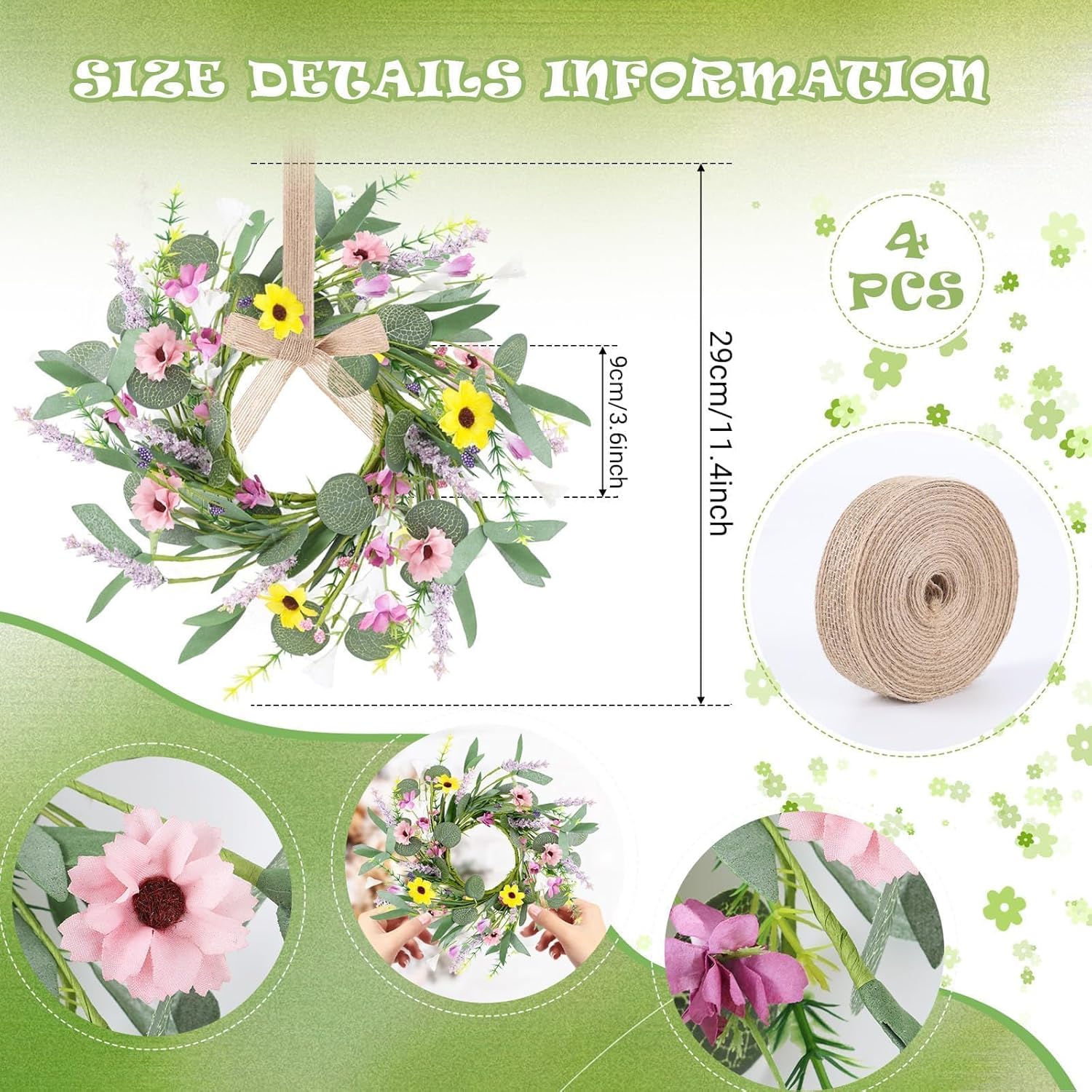 4Pcs Artificial Summer Floral Wreath with Hanging Ribbon