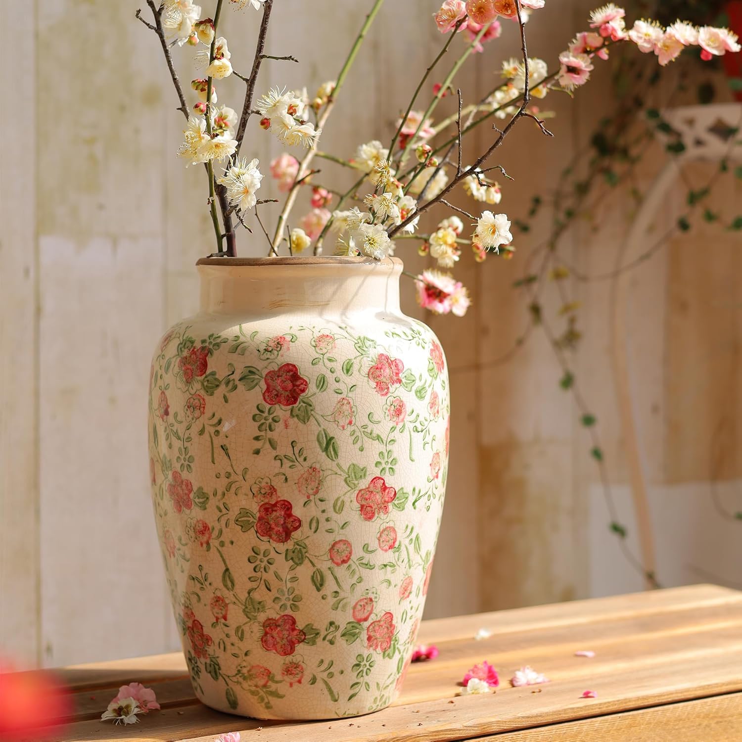 10 Inch Floral Farmhouse Ceramic Vase with Crackle Glaze