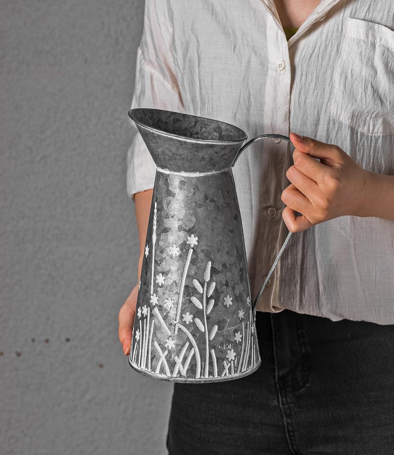 Vintage Galvanized Metal Pitcher Vase with Handle