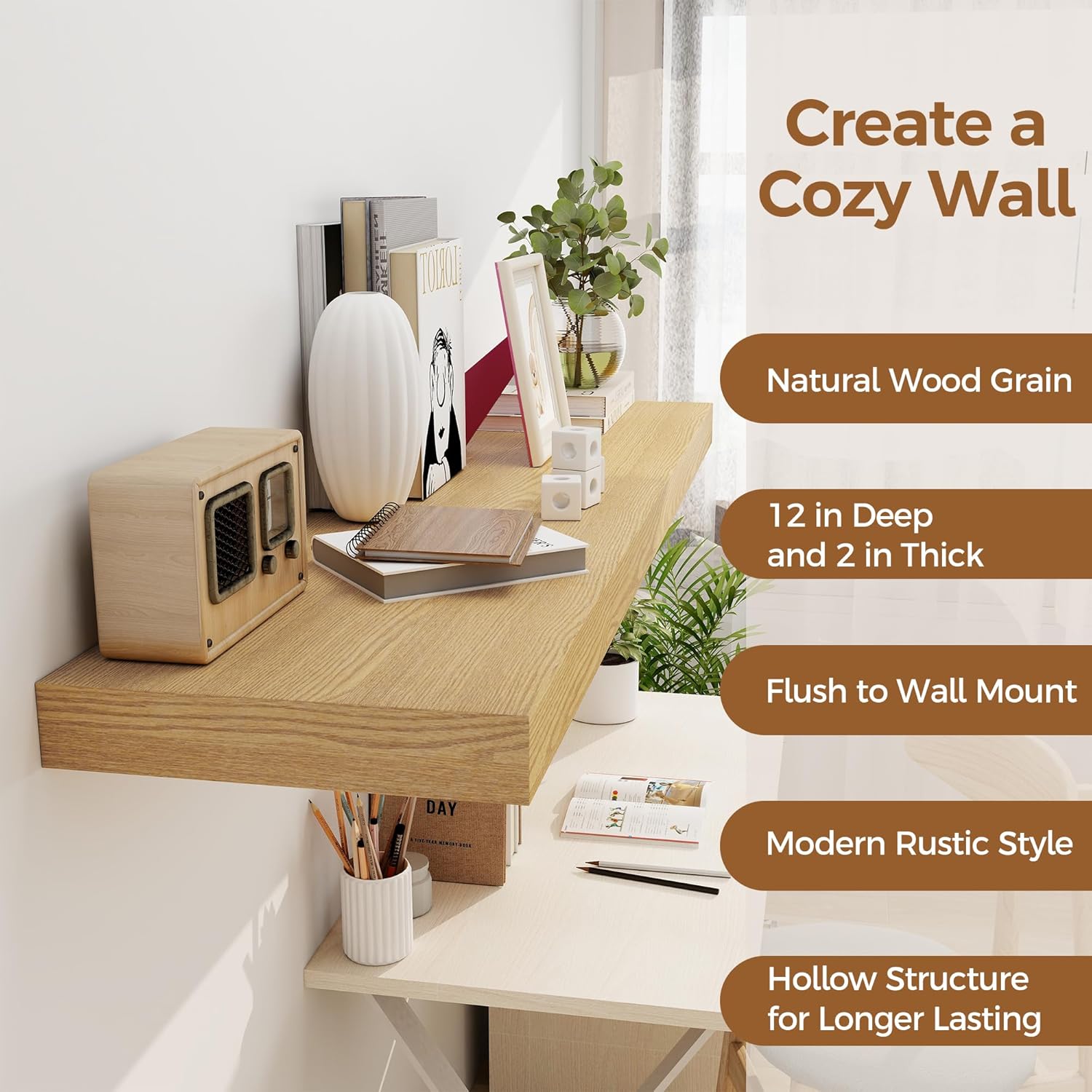 48 Inch Floating Shelf with 12 Inch Depth for Wall Storage