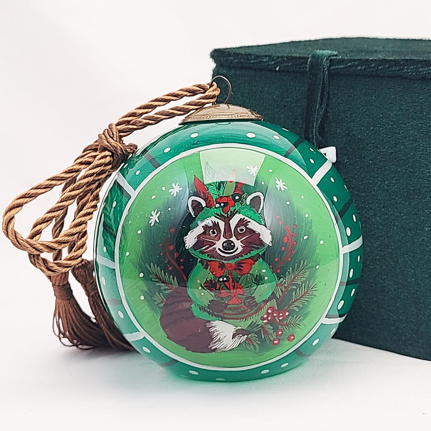 Raccoon Green Handcrafted Glass Ornament - Wildlife Art Collection