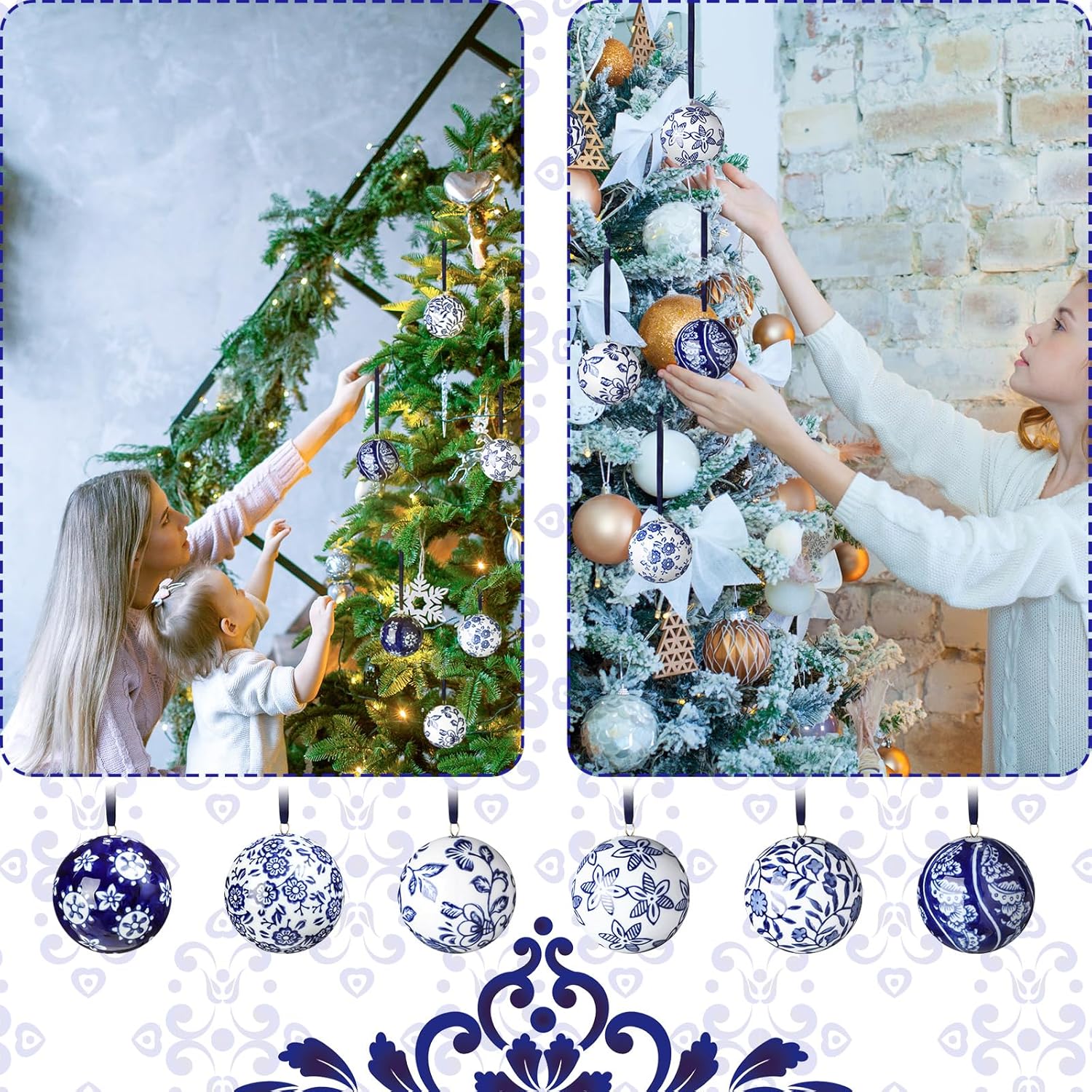 Cindeer 6 Pcs Christmas Porcelain Balls Blue White Decor