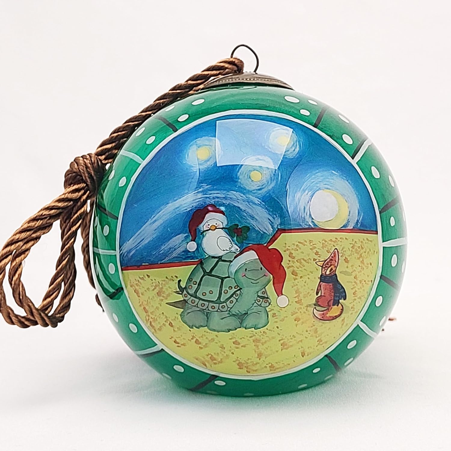 Turtle Fox Green Inside Painted Glass Ornament with Premium Gift Box