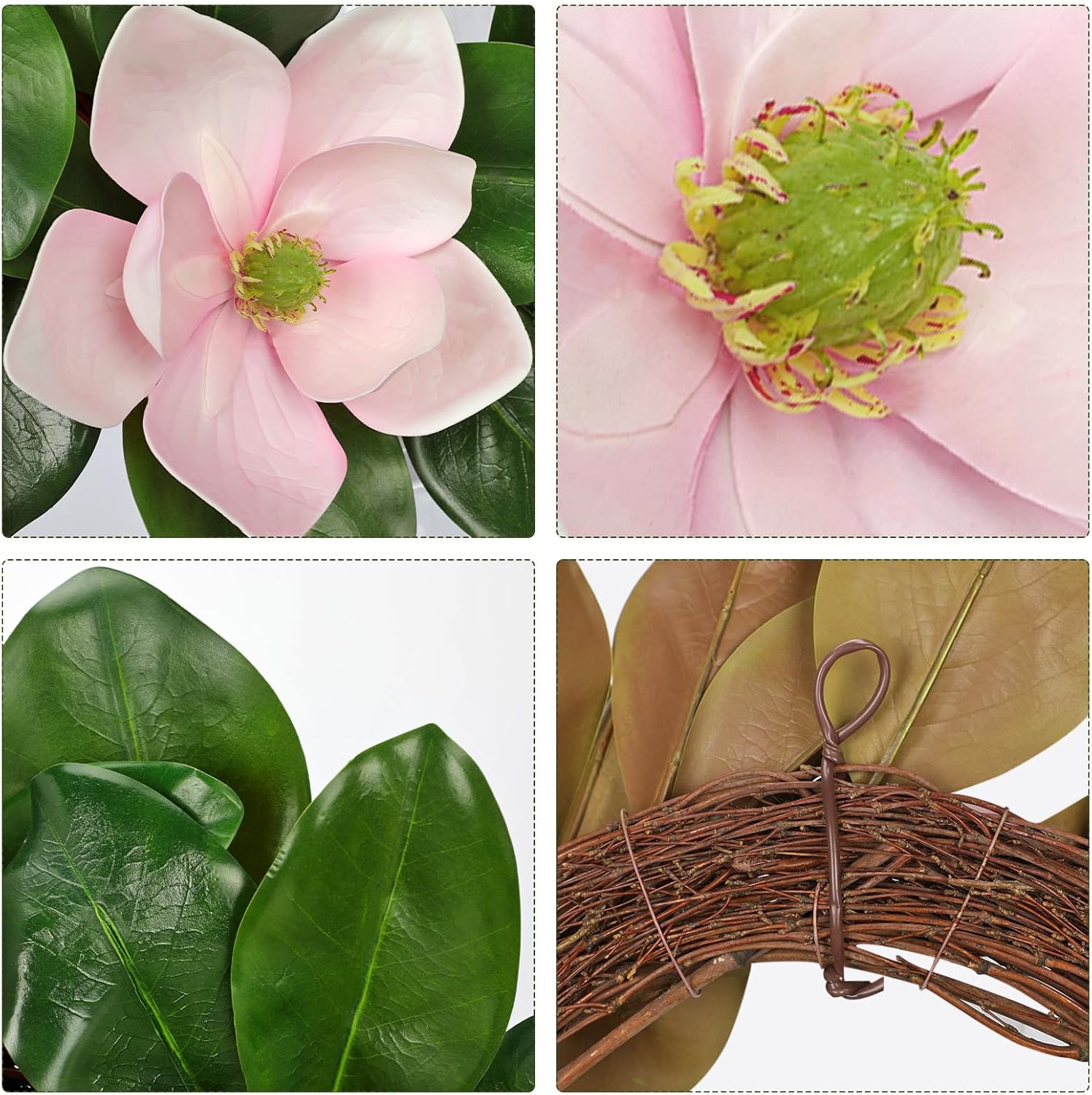 20 Inch Artificial Pink Magnolia Wreath for Front Door