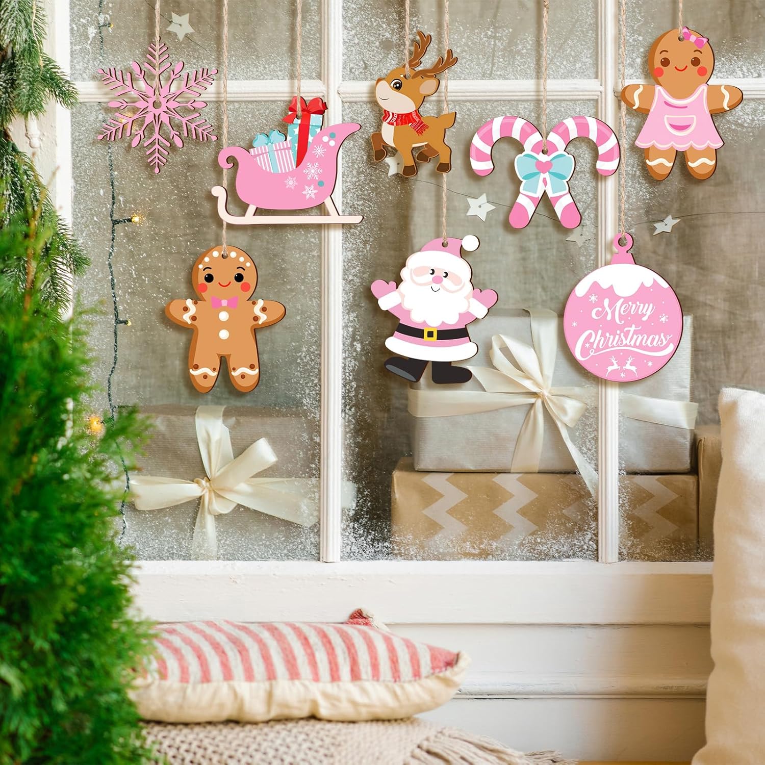 Whaline 27Pcs Christmas Wooden Hanging Ornaments with Hemp Rope