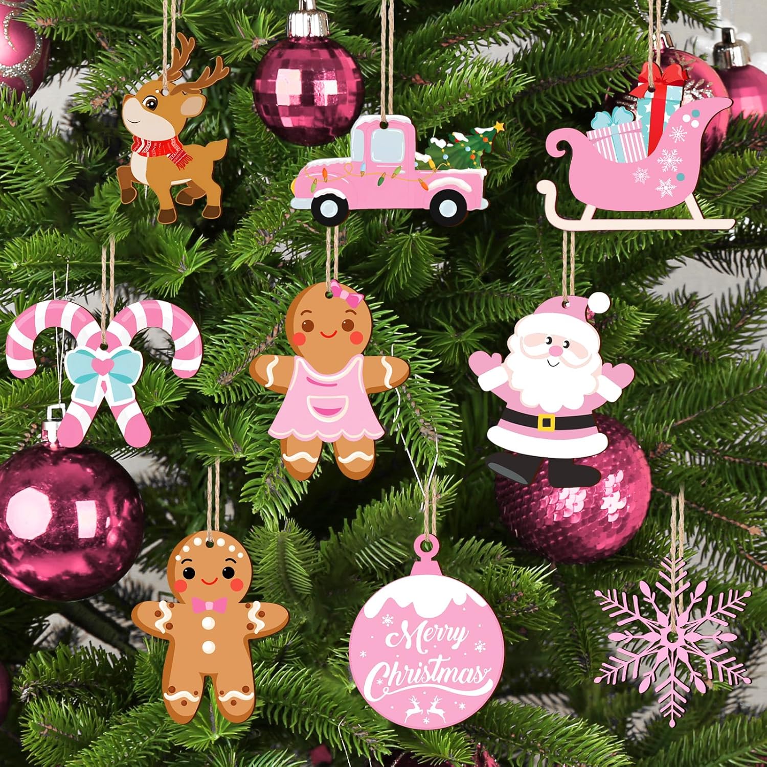 Whaline 27Pcs Christmas Wooden Hanging Ornaments with Hemp Rope