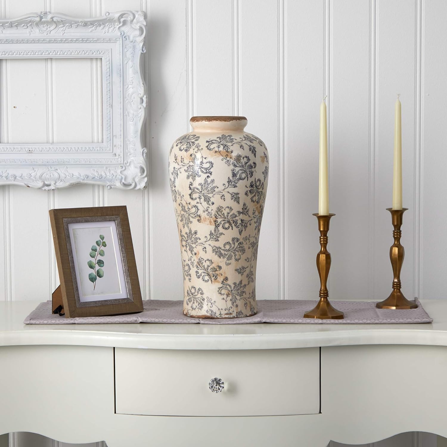 Nearly Natural 16in Tuscan Ceramic Floral Scroll Urn Vase