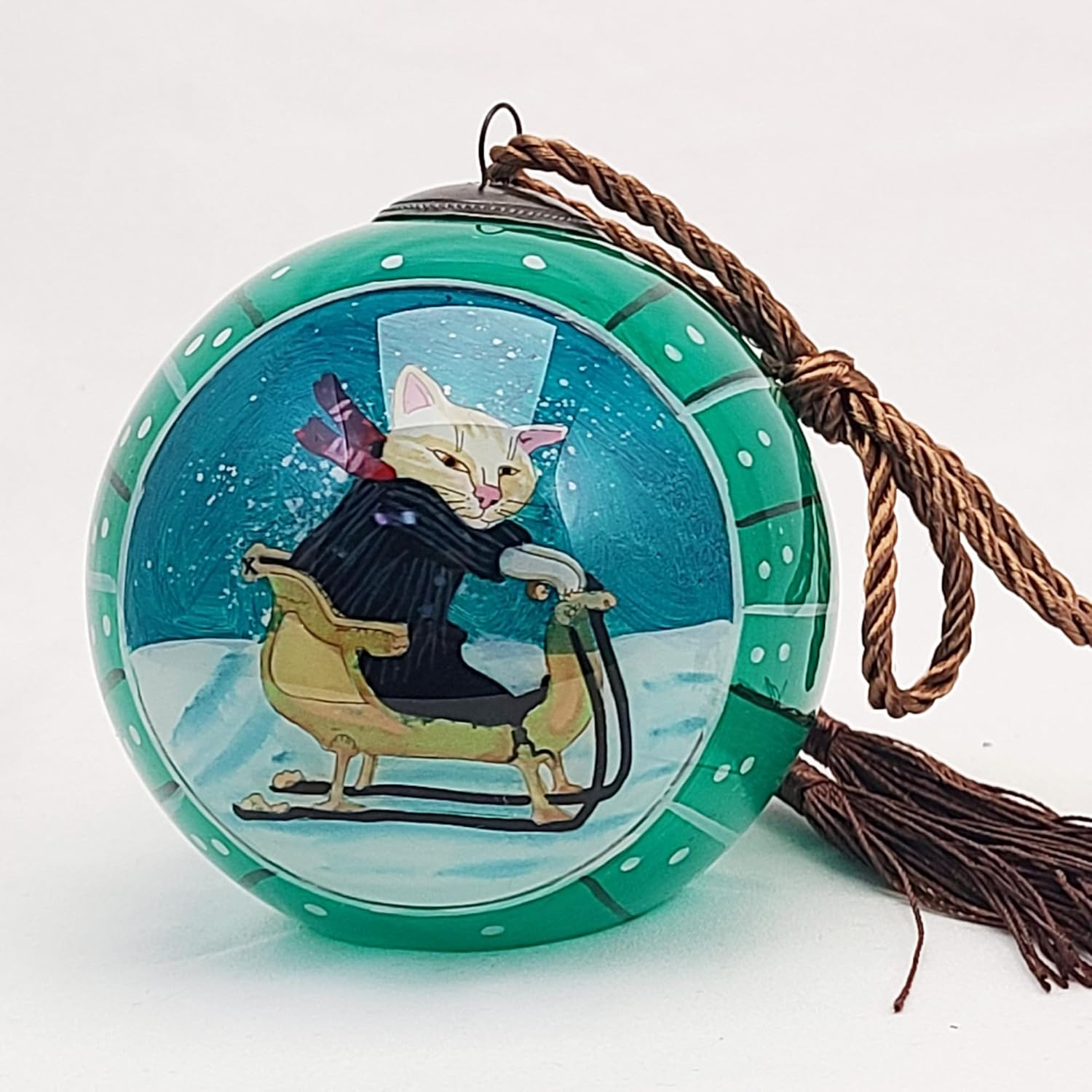 OKEA Ski Cat Green Inside Painted Glass Ornament