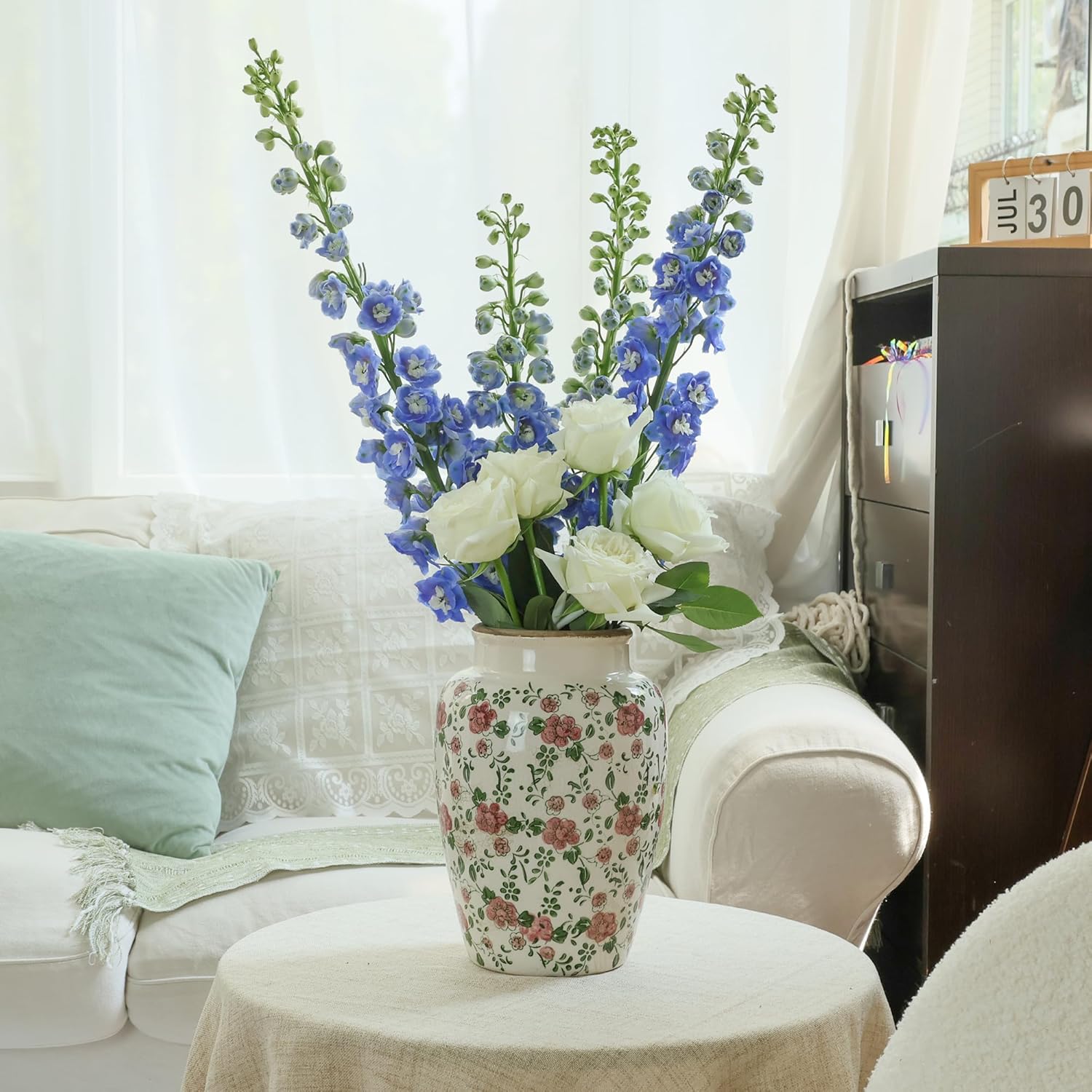 10 Inch Floral Farmhouse Ceramic Vase with Crackle Glaze
