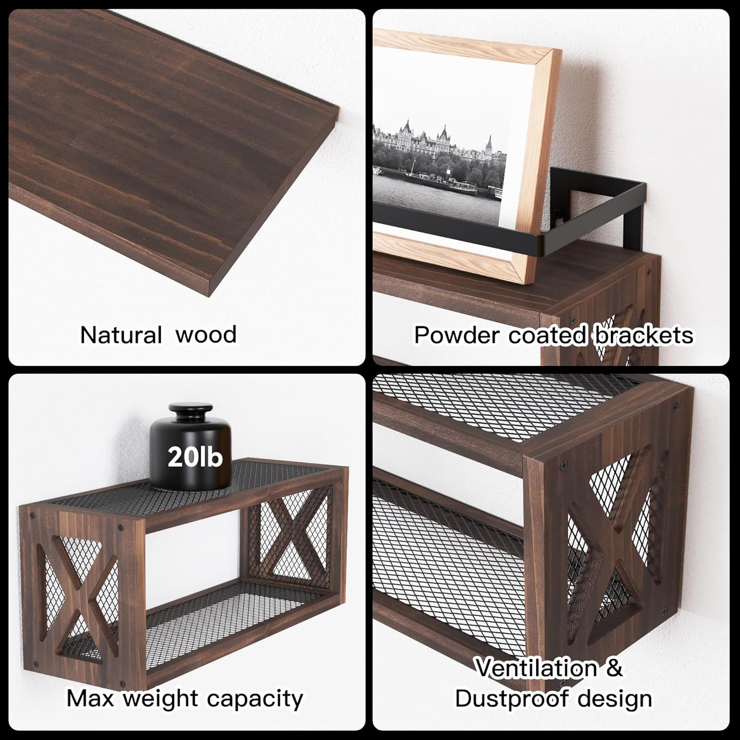 RICHER HOUSE Floating Wood Shelves with Guardrail Rustic Brown 2 Shelves
