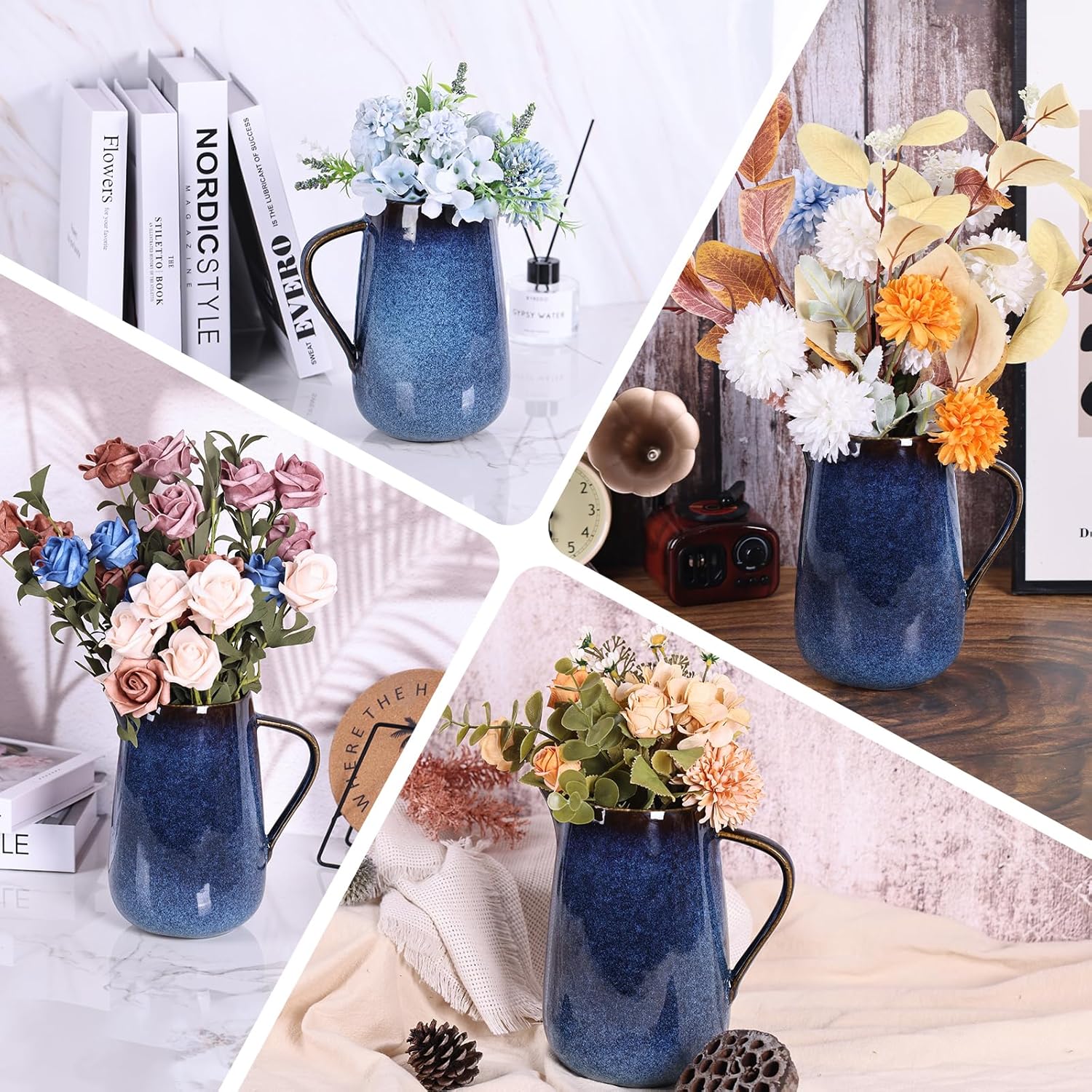 Blue Ceramic Pitcher Vase with Handle