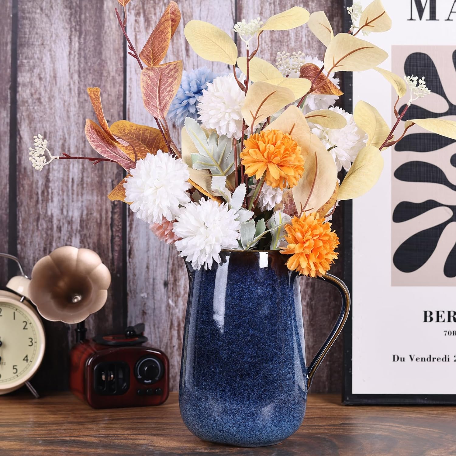 Blue Ceramic Pitcher Vase with Handle