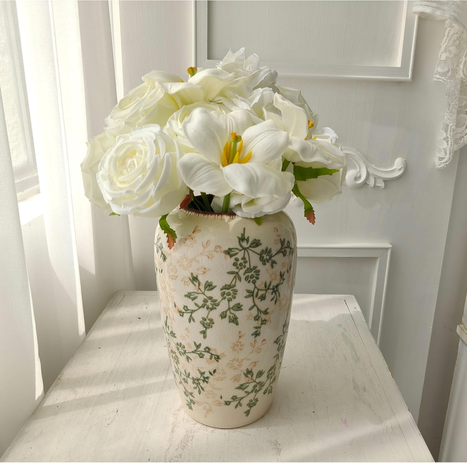 Rustic Ceramic Vase with Crackle Glaze Farmhouse Decor