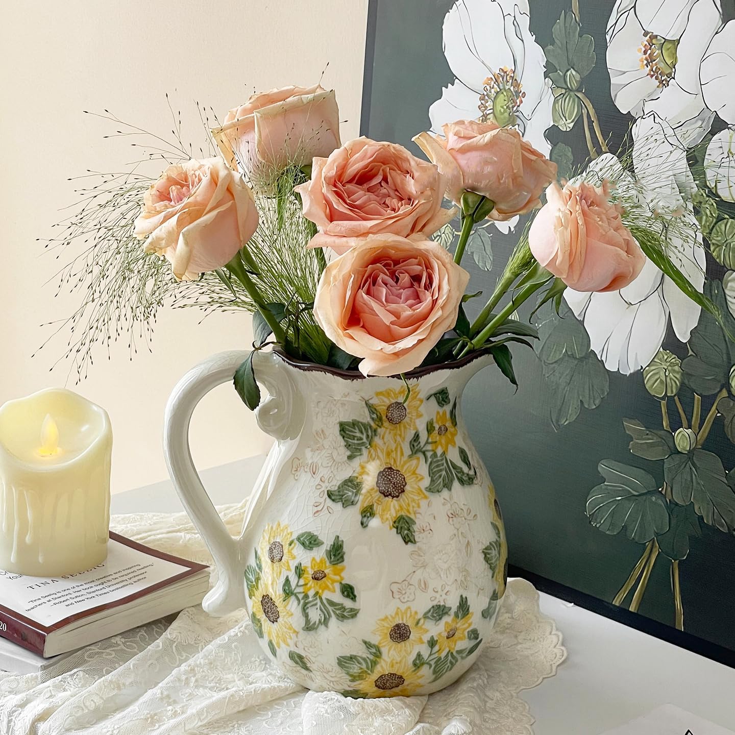 Ceramic Rustic Sunflower Vase for Home Decor