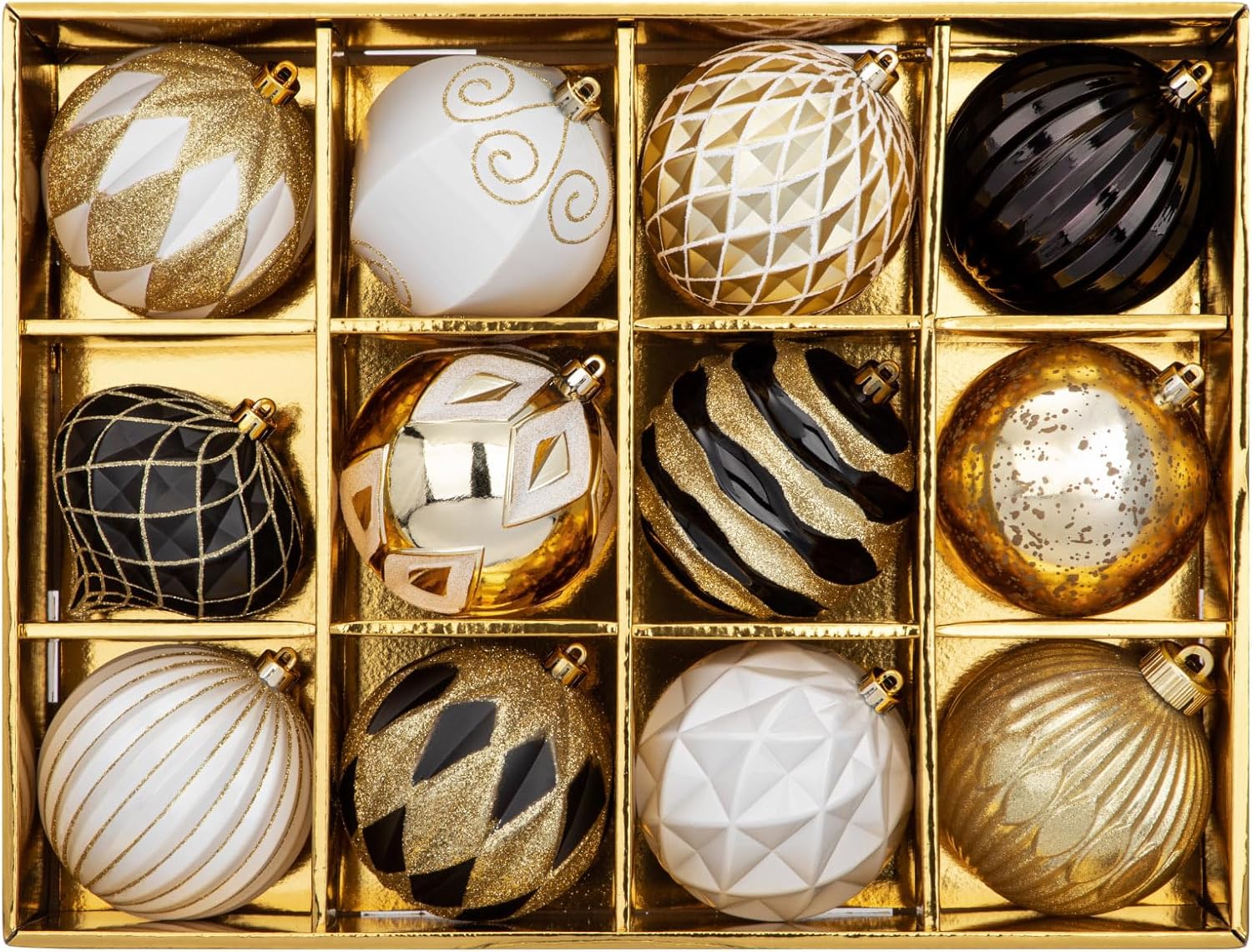 Hollyone 4 Inch Black White Gold Christmas Ornaments 12 Pcs