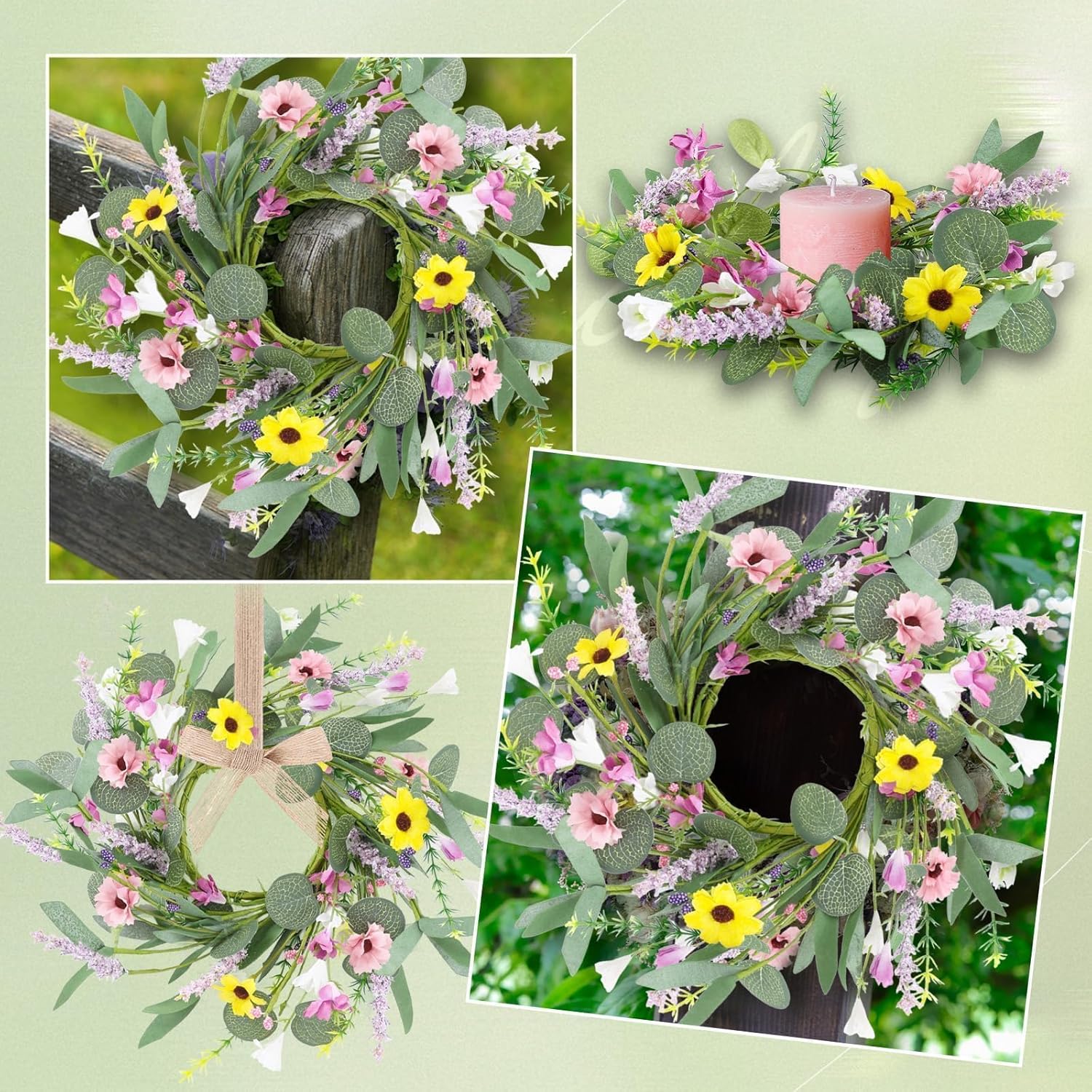 4Pcs Artificial Summer Floral Wreath with Hanging Ribbon