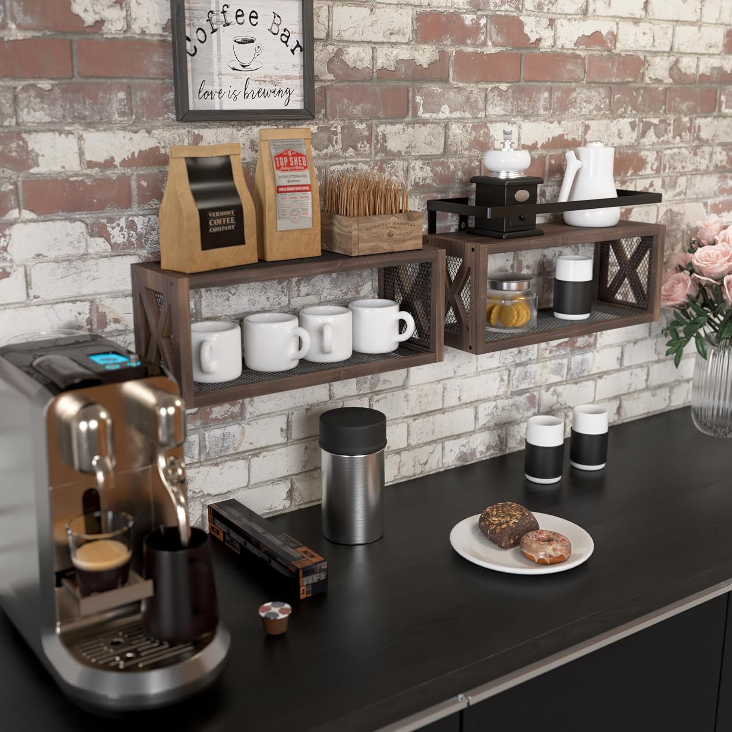 RICHER HOUSE Floating Wood Shelves with Guardrail Rustic Brown 2 Shelves