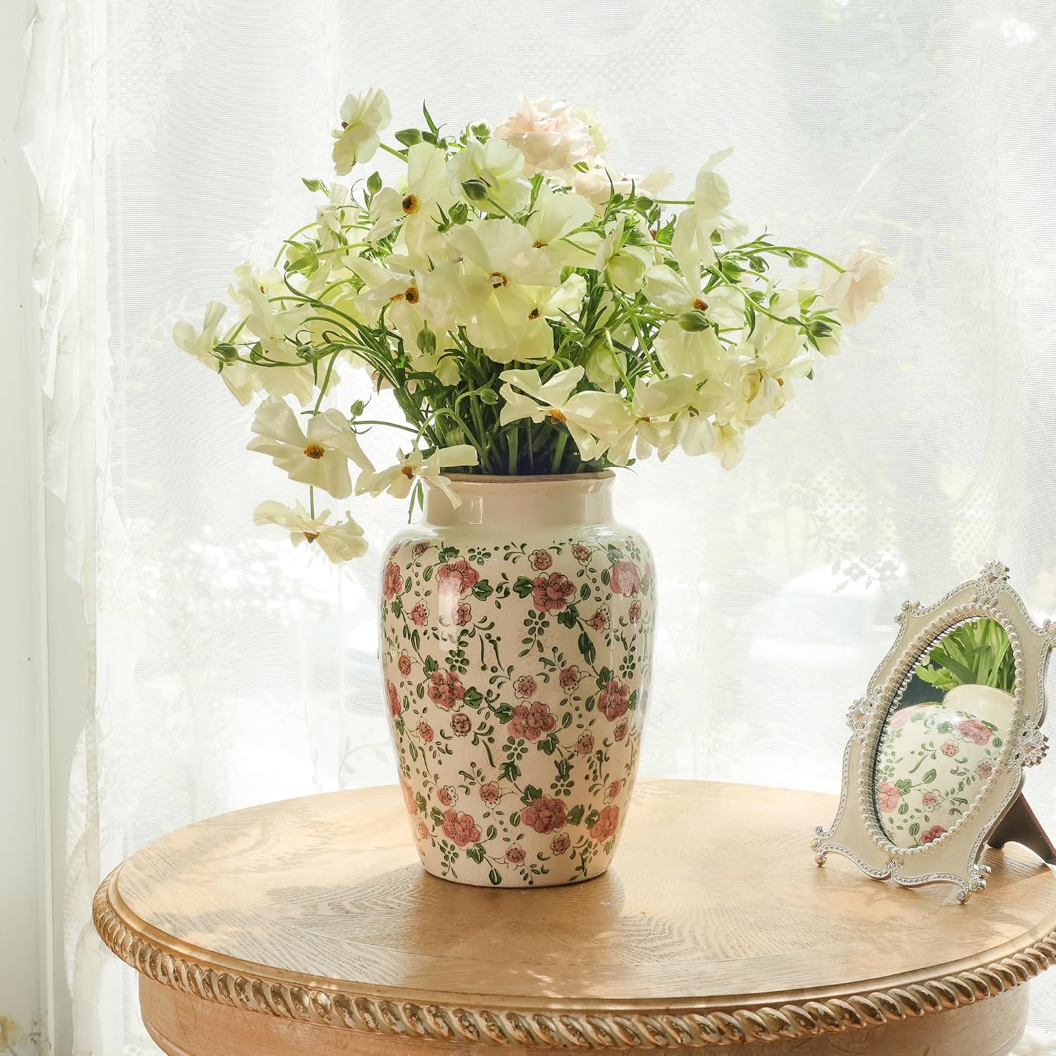 10 Inch Floral Farmhouse Ceramic Vase with Crackle Glaze