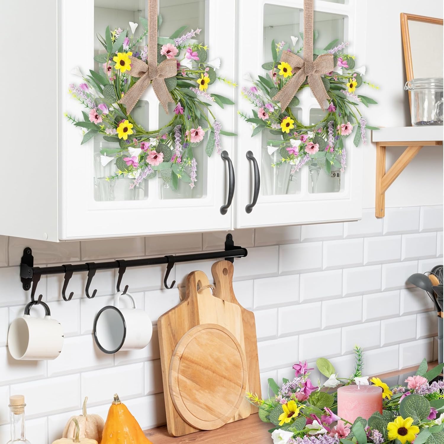 4Pcs Artificial Summer Floral Wreath with Hanging Ribbon
