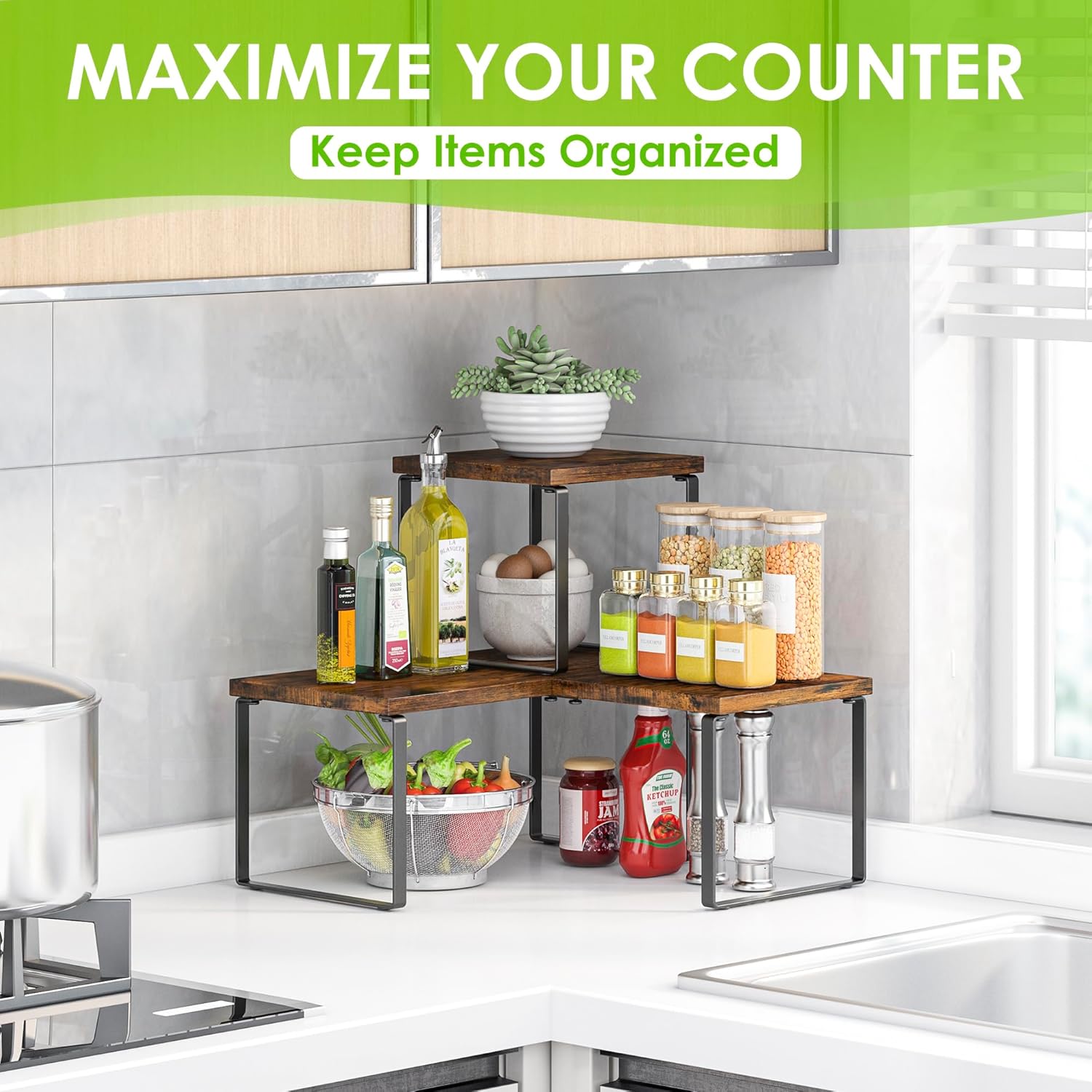 Kitchen Corner Shelf 2 Tier Adjustable Spice Rack Organizer