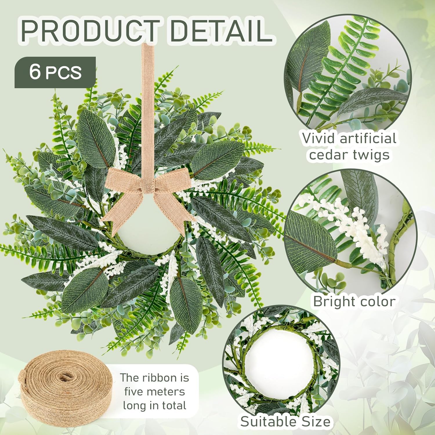 6PCS 9 Inch Mini Eucalyptus Wreaths for Cabinets