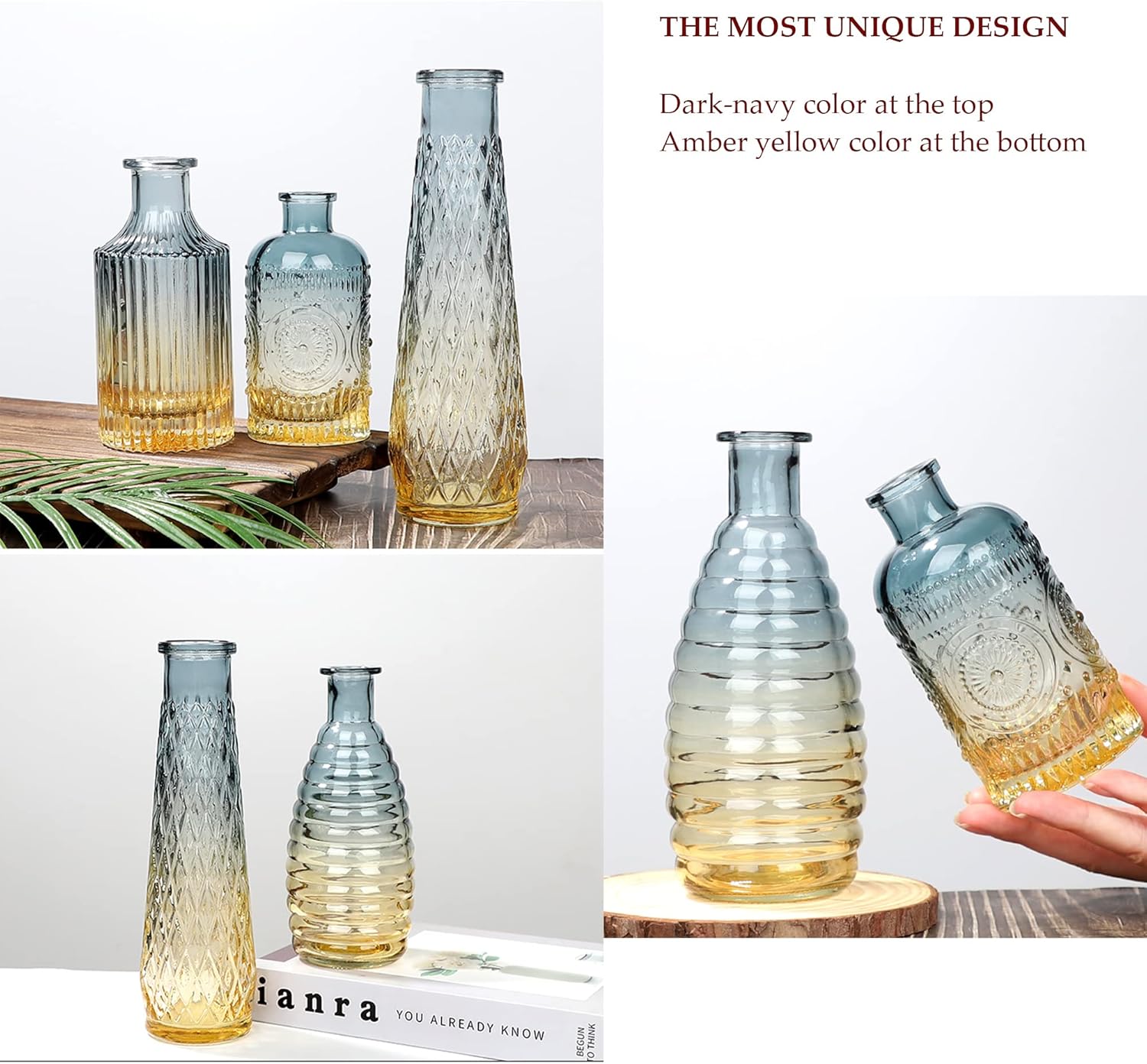 Baroque Bud Glass Vases Set of 4 - Blue Gradient Retro Style