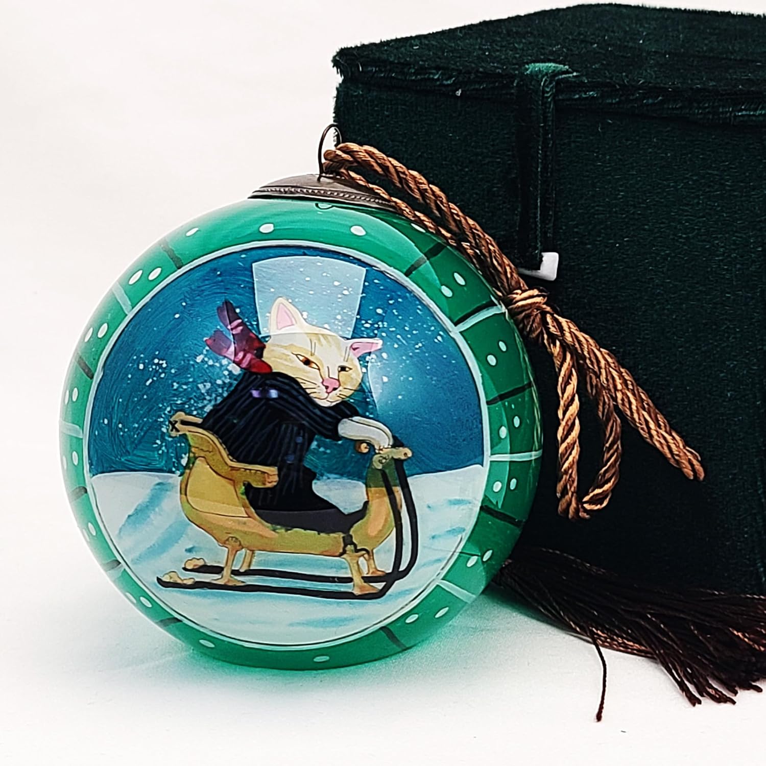 OKEA Ski Cat Green Inside Painted Glass Ornament