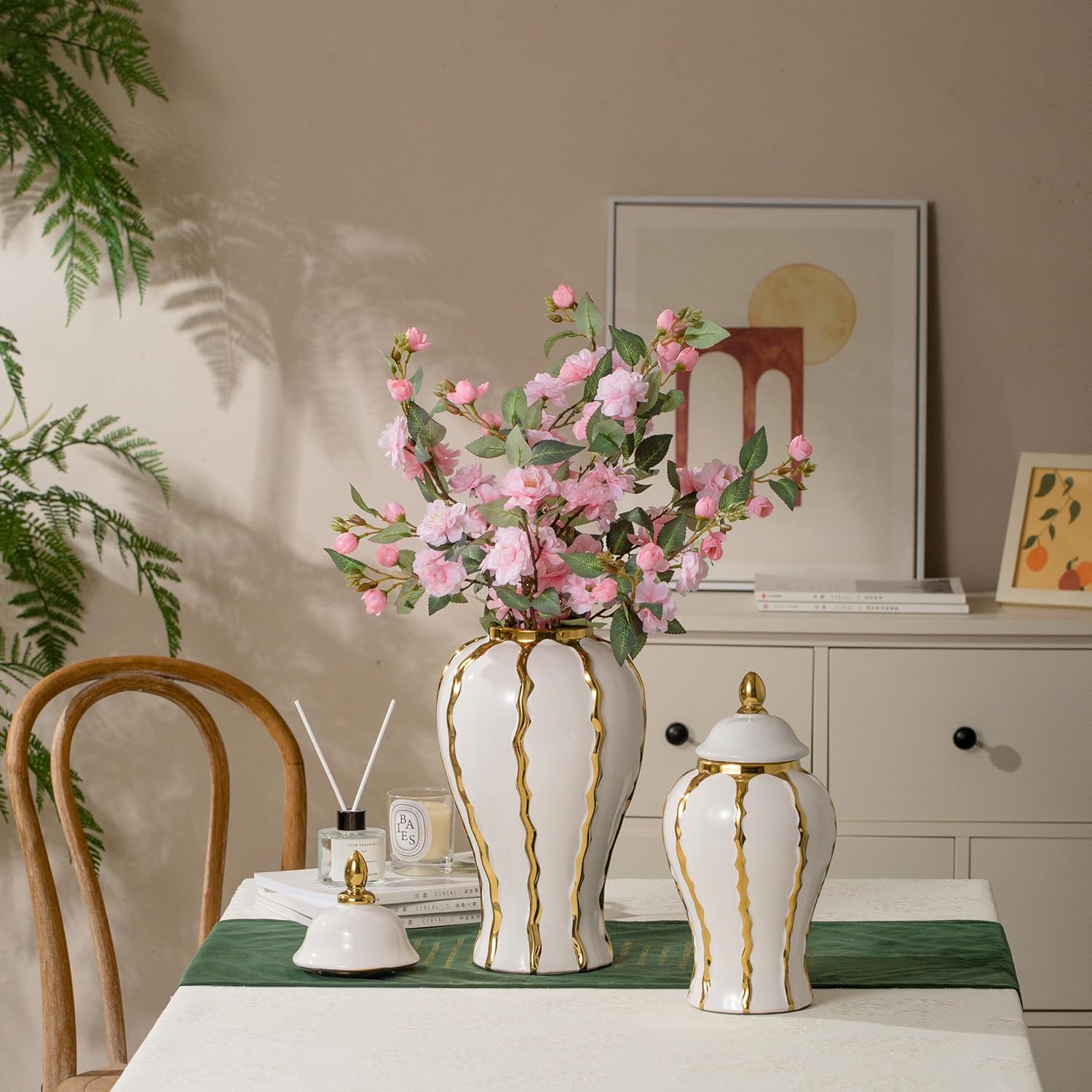White Gold Ginger Jar with Lid Ceramic Vase