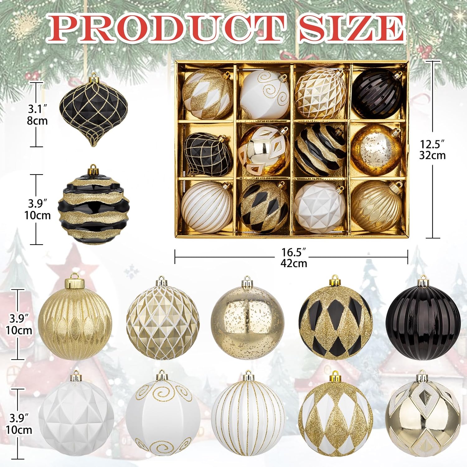 Hollyone 4 Inch Black White Gold Christmas Ornaments 12 Pcs