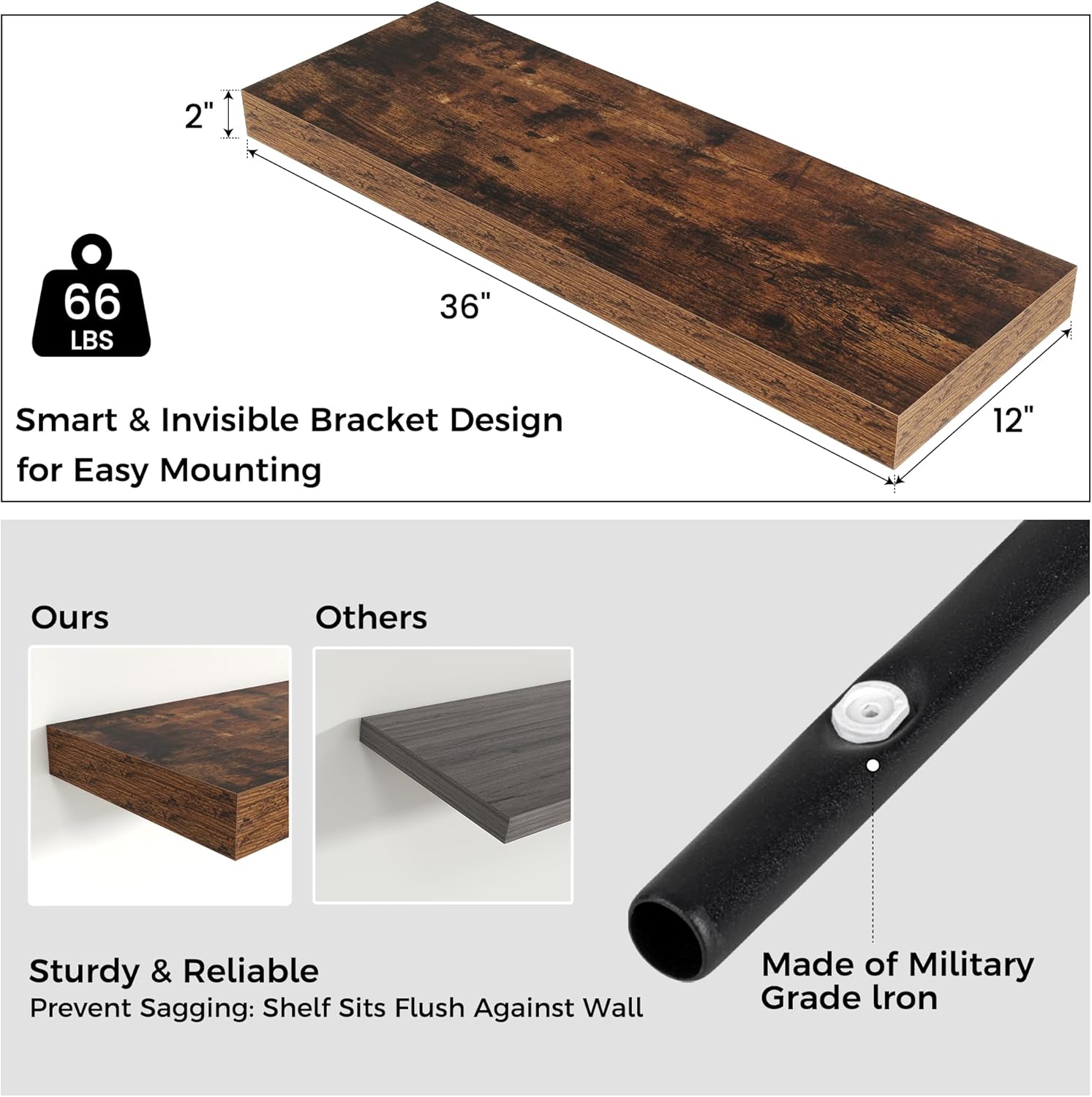 Venusmiles 36 Inch Wide Floating Wall Shelf - Brown