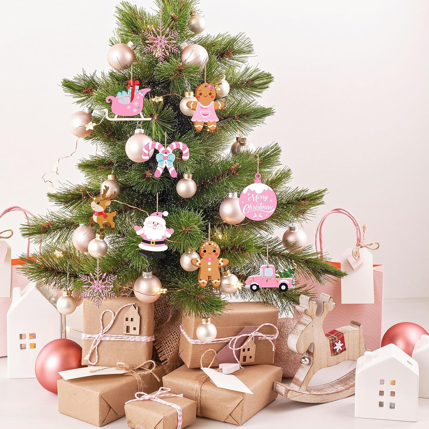Whaline 27Pcs Christmas Wooden Hanging Ornaments with Hemp Rope