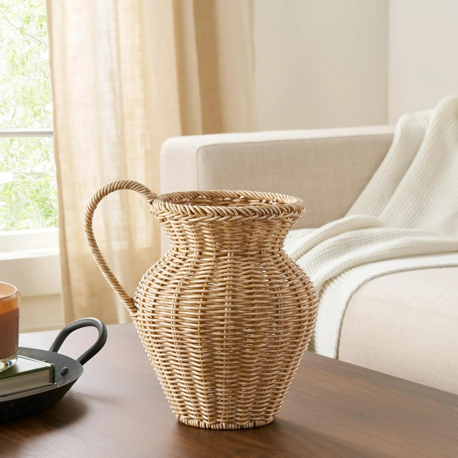 9 Inch Faux Wood Decorative Rattan Pitcher Vase Natural