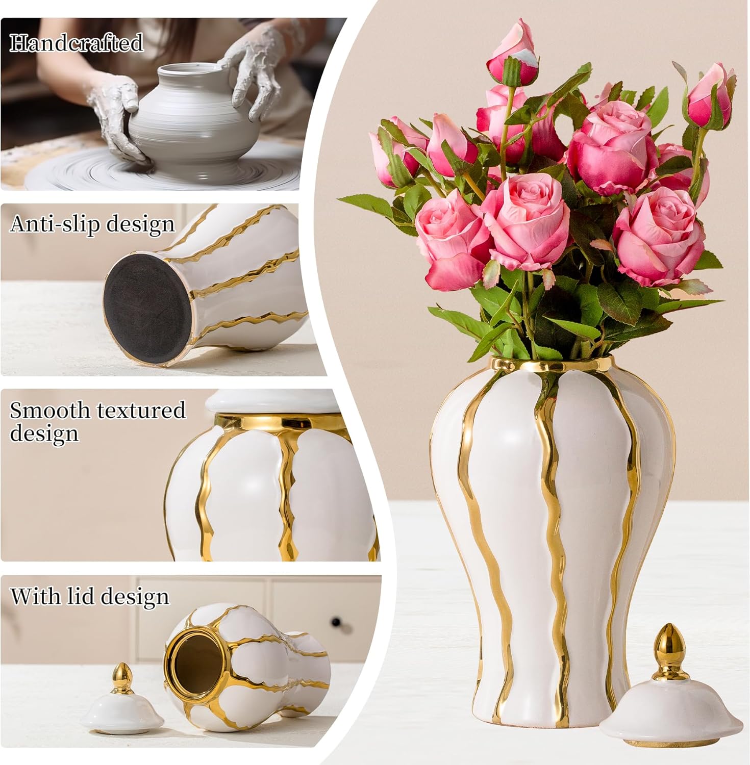 White Gold Ginger Jar with Lid Ceramic Vase