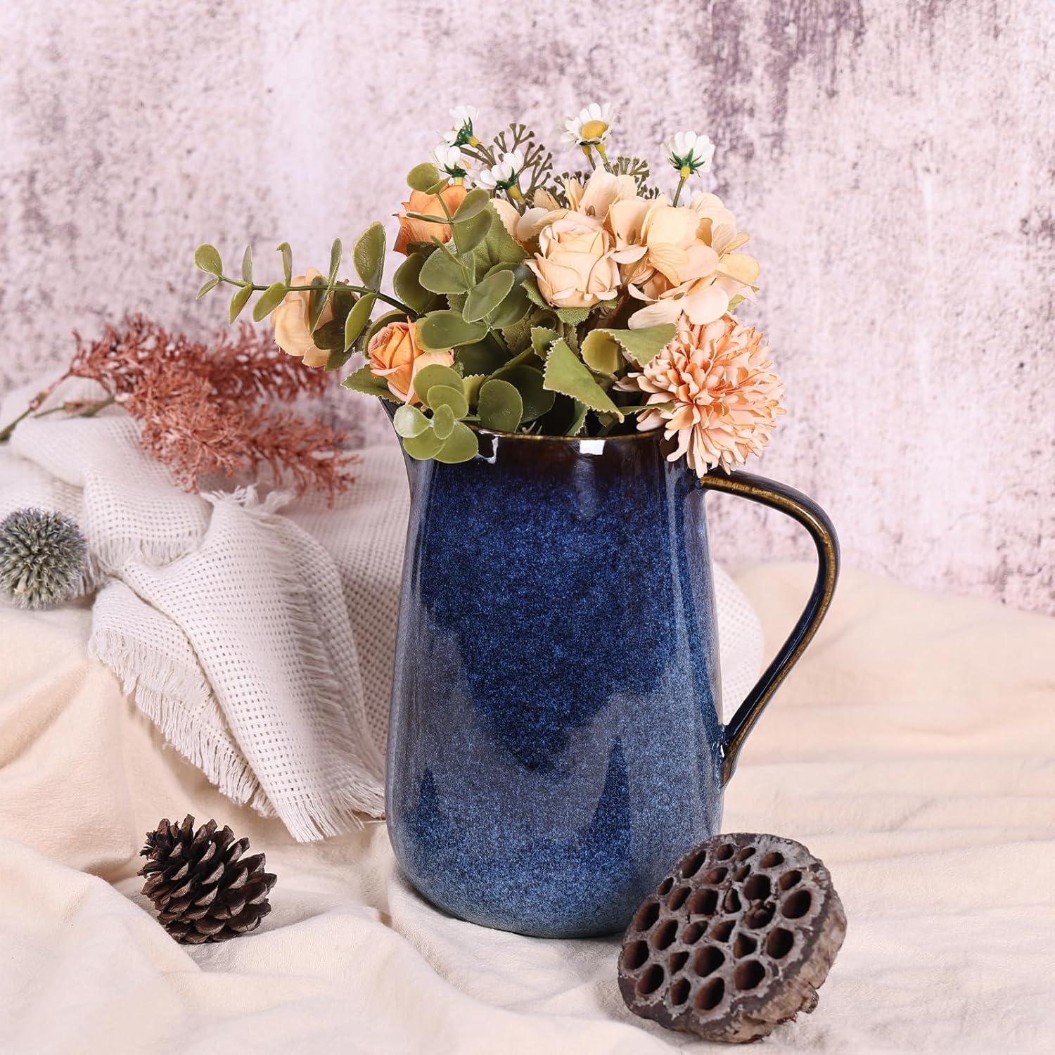 Blue Ceramic Pitcher Vase with Handle