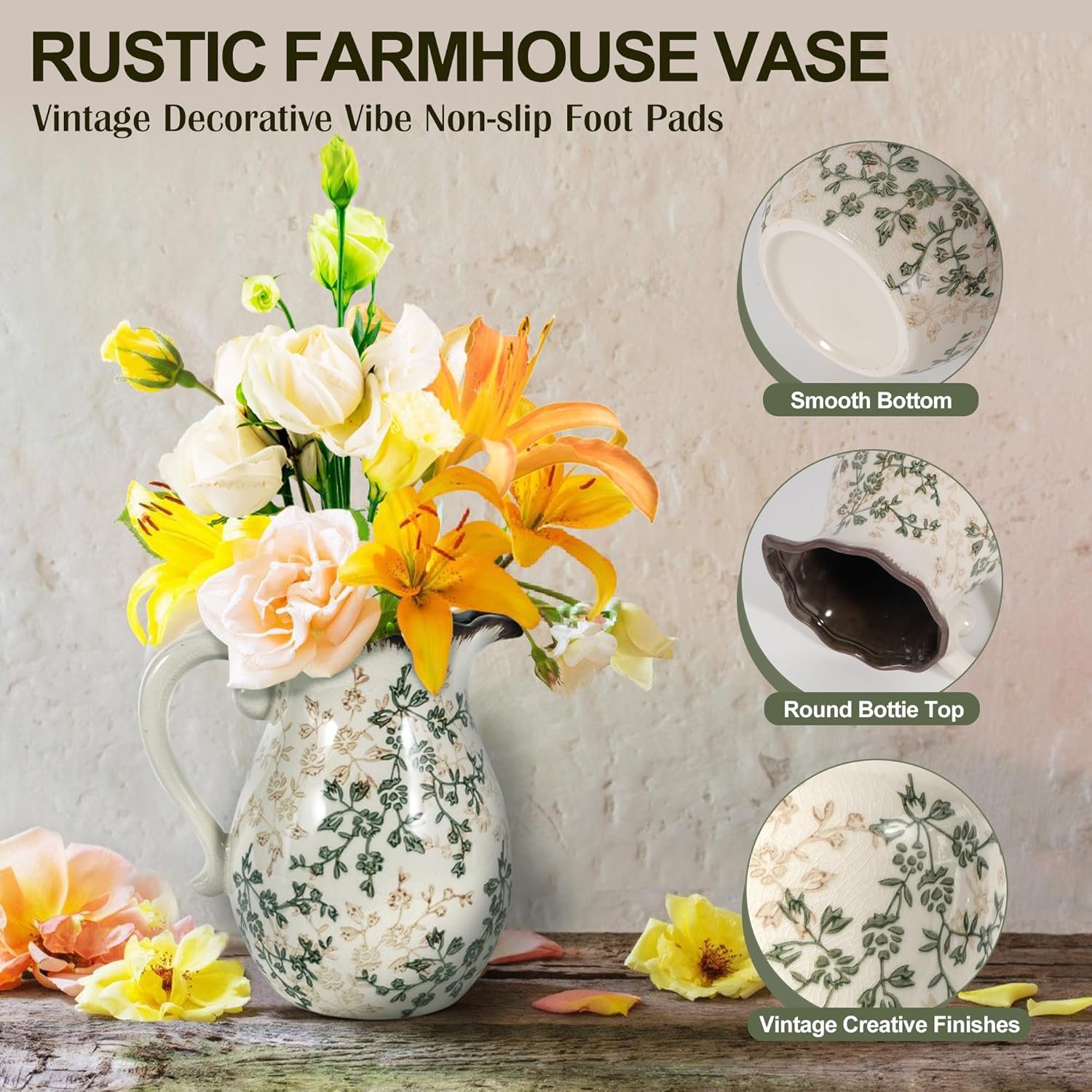 Rustic Ceramic Vase with Crackle Glaze Farmhouse Decor 1