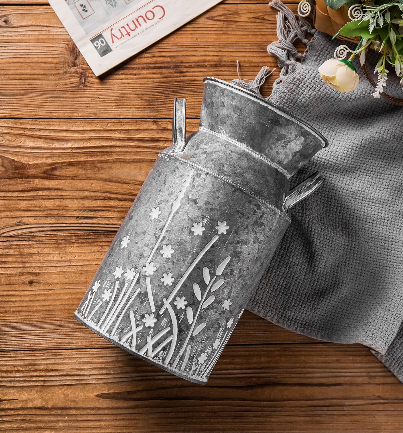 Vintage Galvanized Metal Milk Can Flower Vase