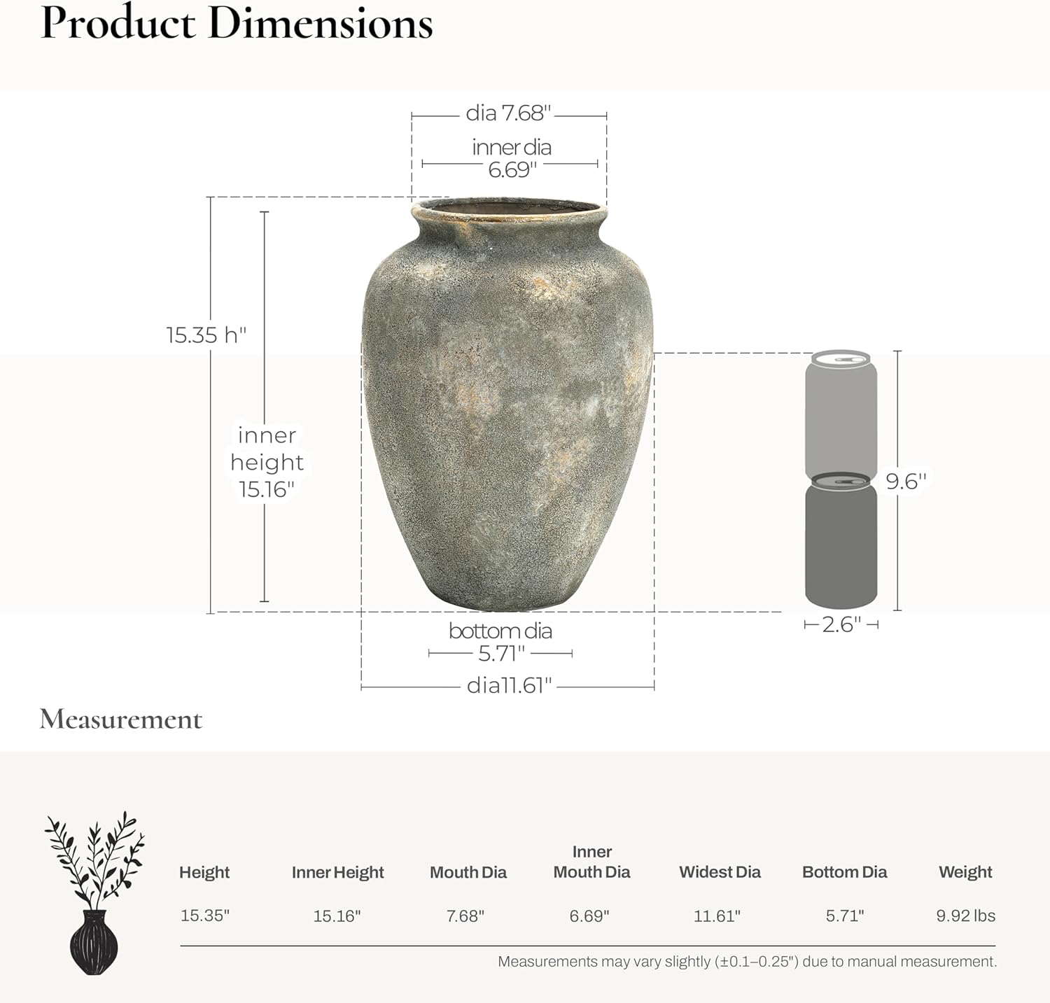 LuxenHome Rustic Ceramic Floor Vase with Gold and Brown Accents