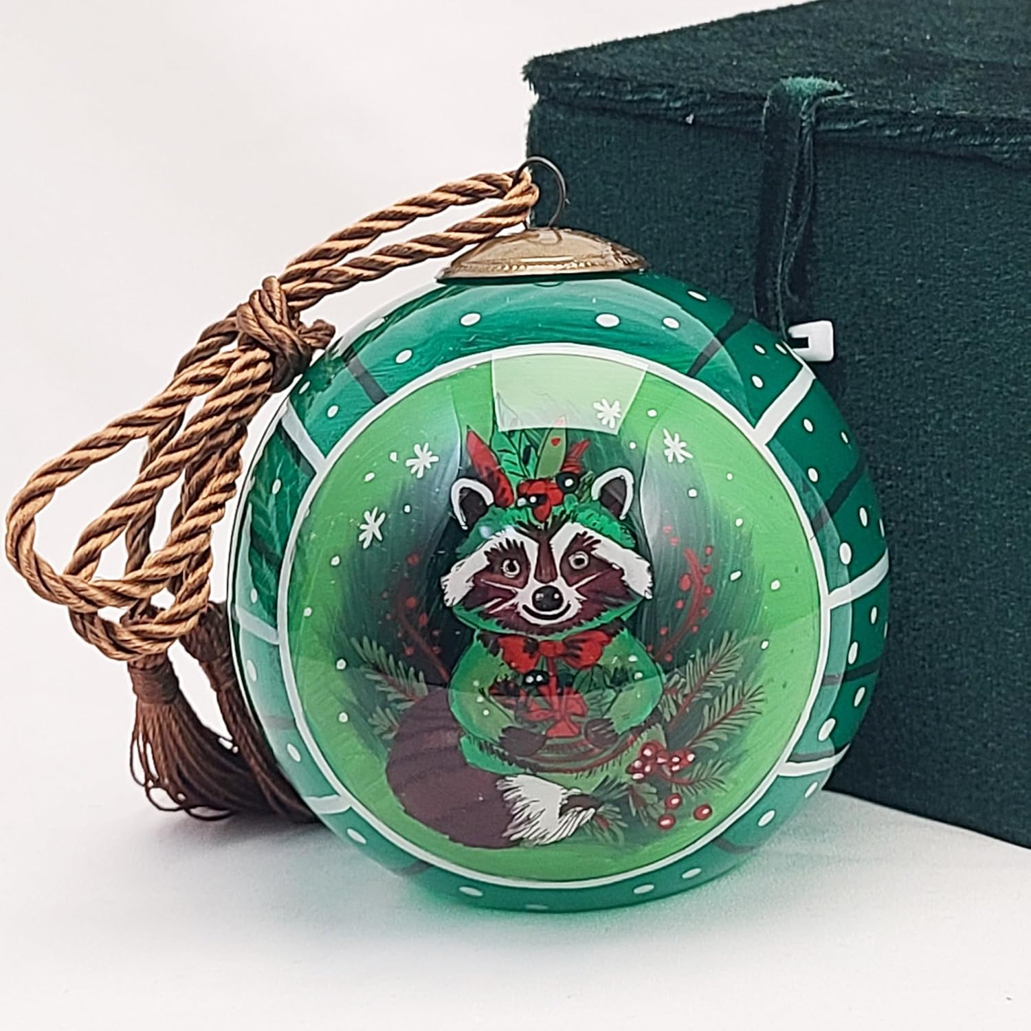 Hand-Painted Glass Ornament with Premium Gift Box Raccoon G Art