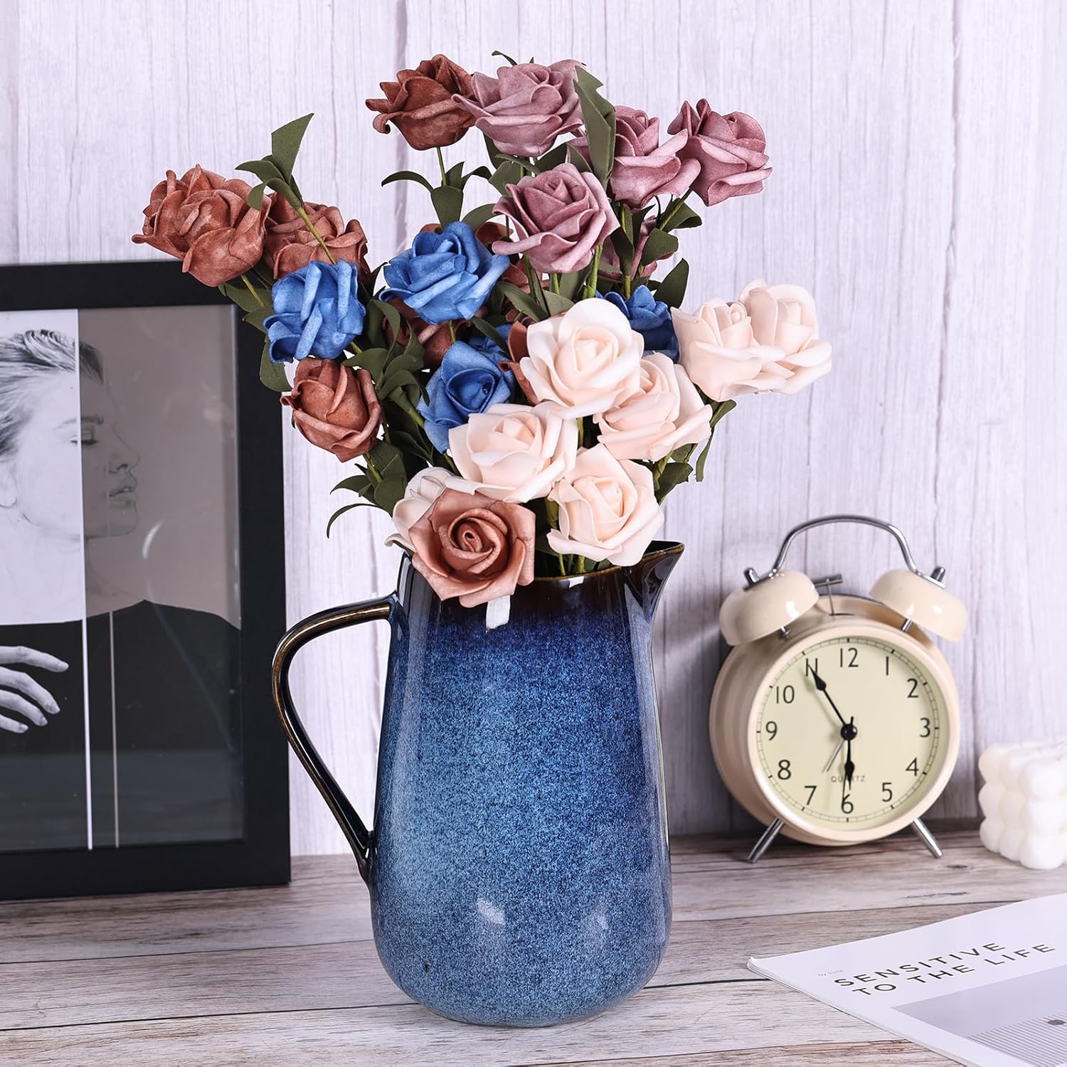 Blue Ceramic Pitcher Vase with Handles for Home Decor