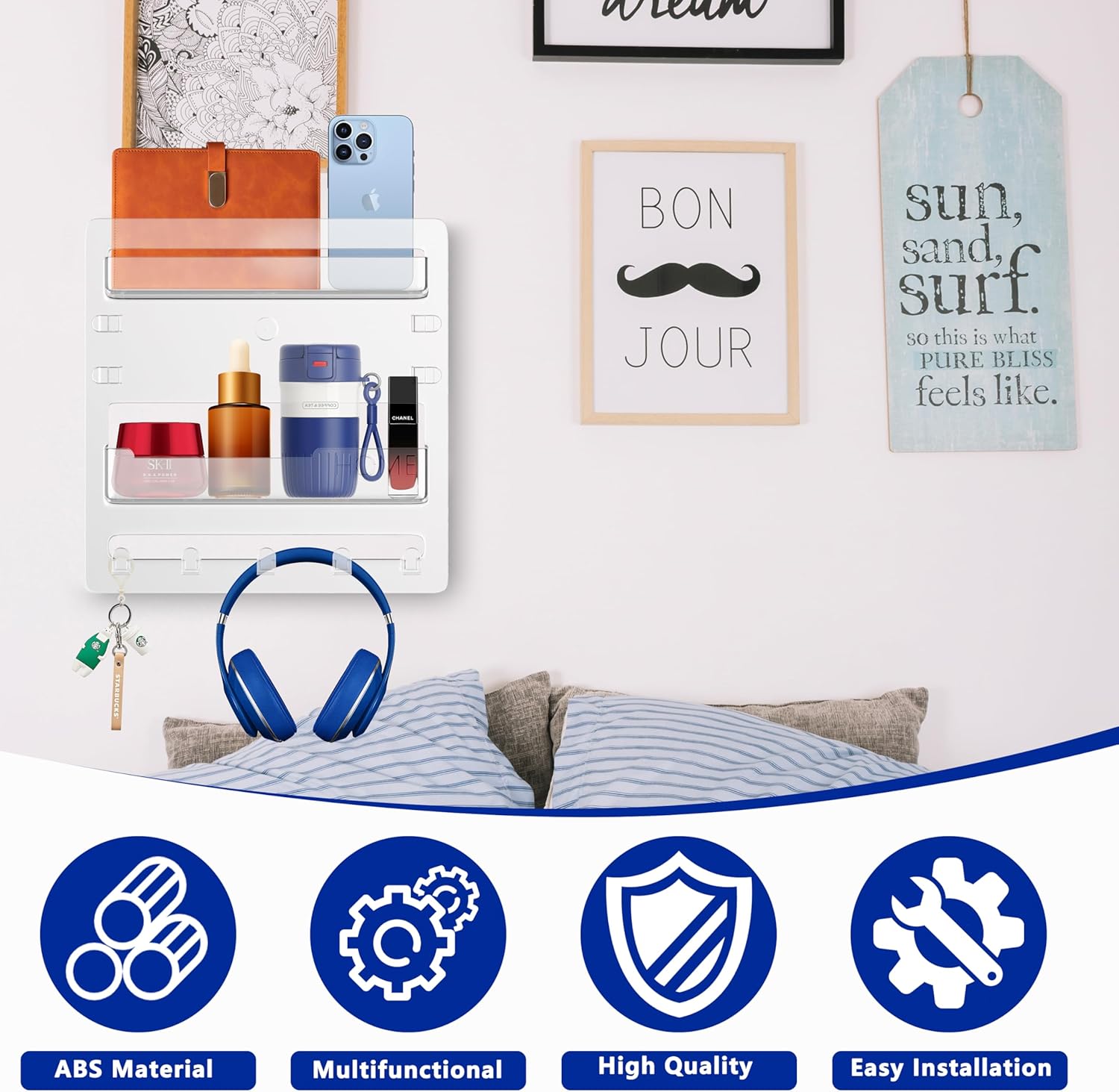 Epritliber Floating Bedside Shelf Organizer with 5 Hooks and Cable Clips