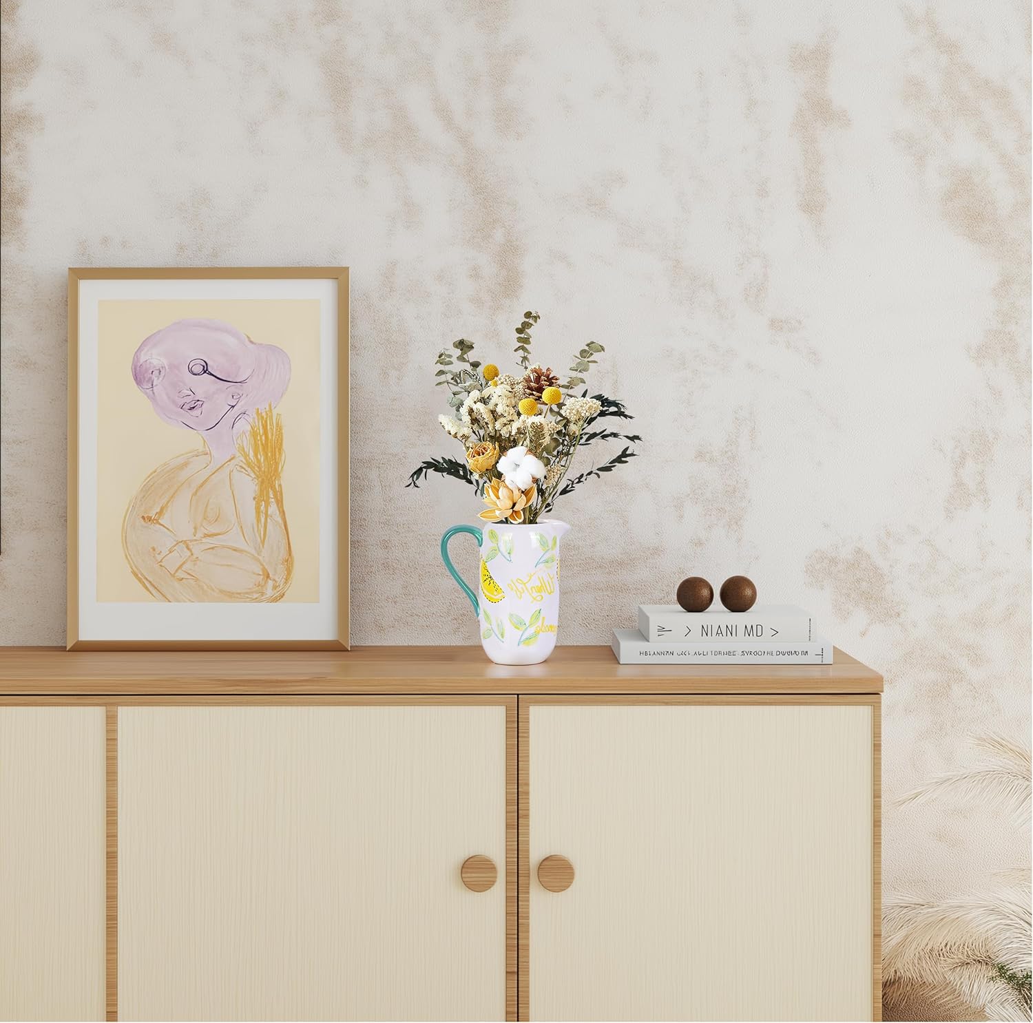 Floral Ceramic Pitcher Vase with Handle