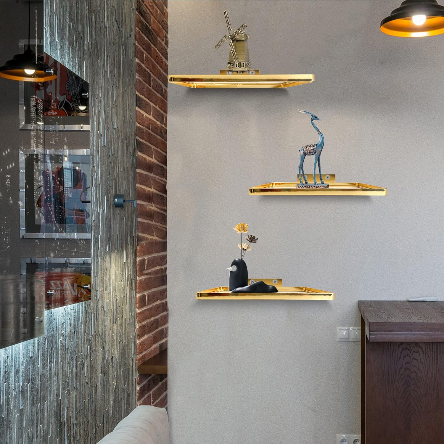 Cityelf Floating Shelves Wall Mounted Gold Set of 3