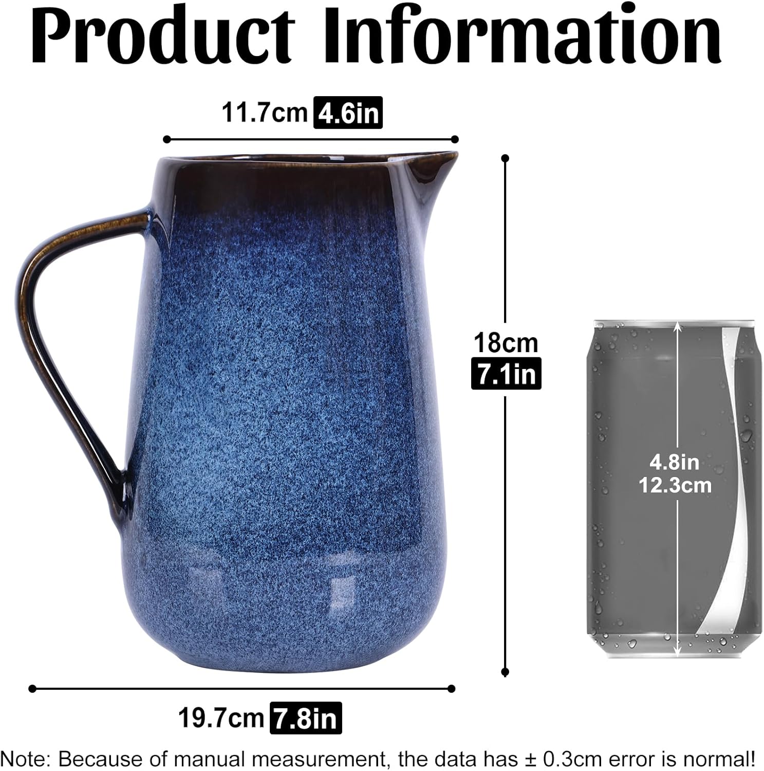 Blue Ceramic Pitcher Vase with Handles for Home Decor