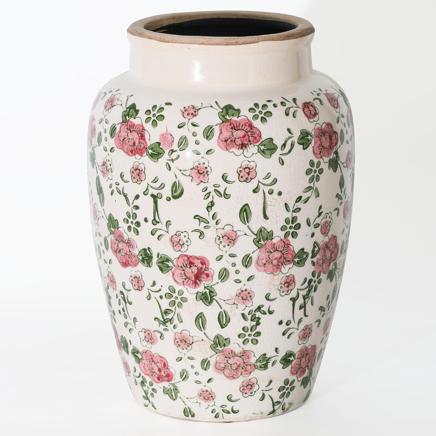 10 Inch Floral Farmhouse Ceramic Vase with Crackle Glaze